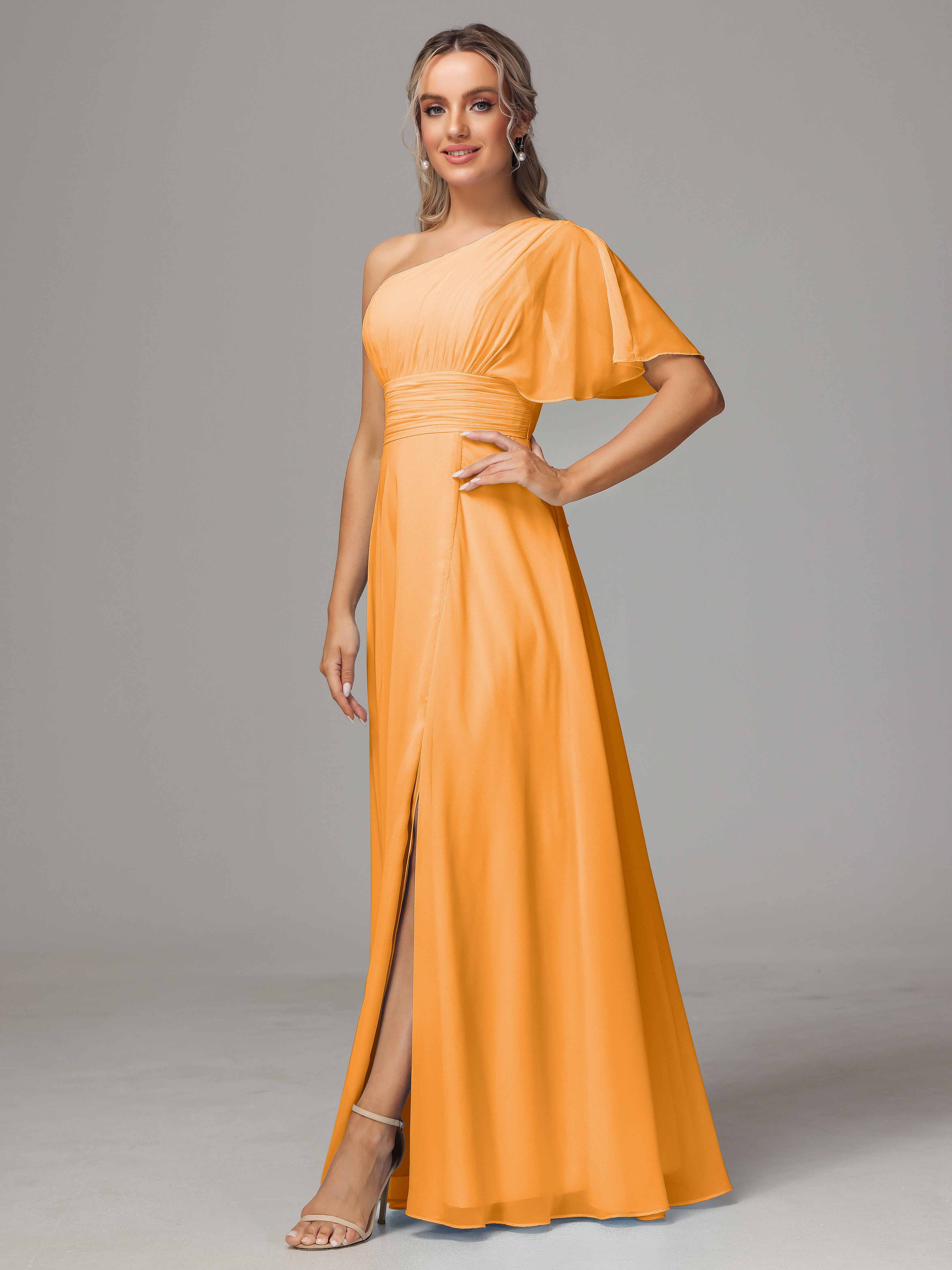 One Shoulder Ruffles Chiffon Bridesmaid Dresses With Split