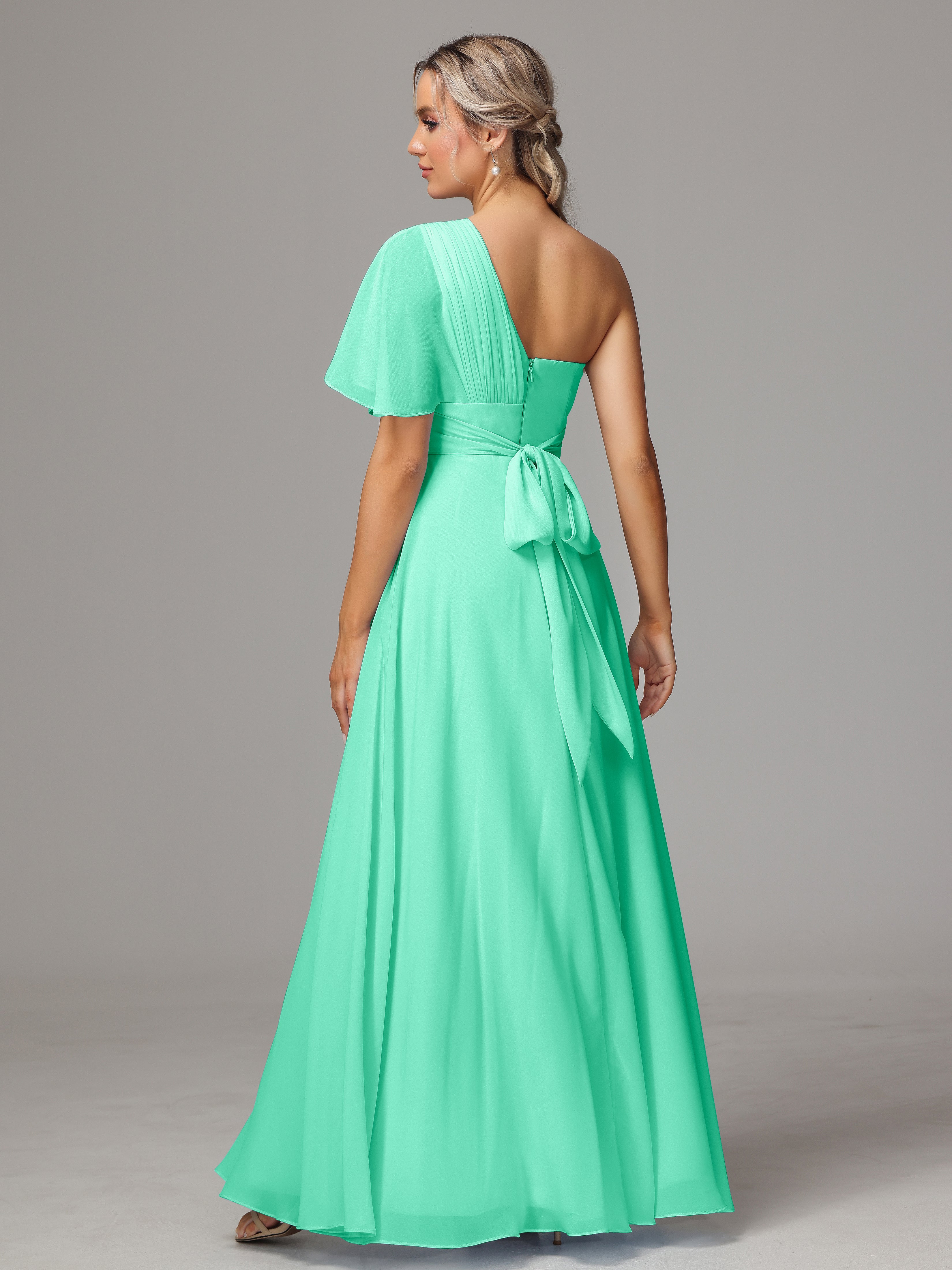 One Shoulder Ruffles Chiffon Bridesmaid Dresses With Split