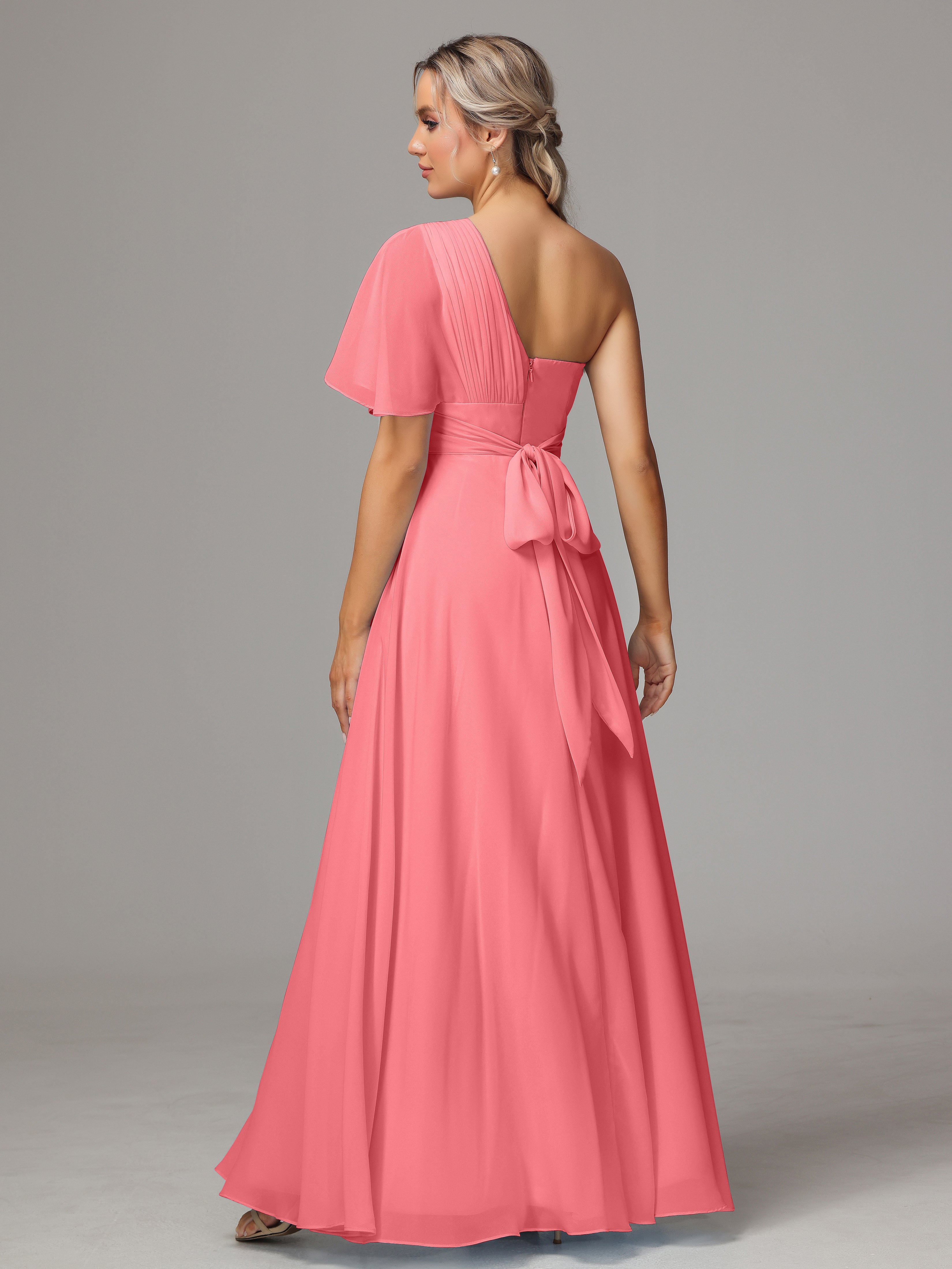 One Shoulder Ruffles Chiffon Bridesmaid Dresses With Split