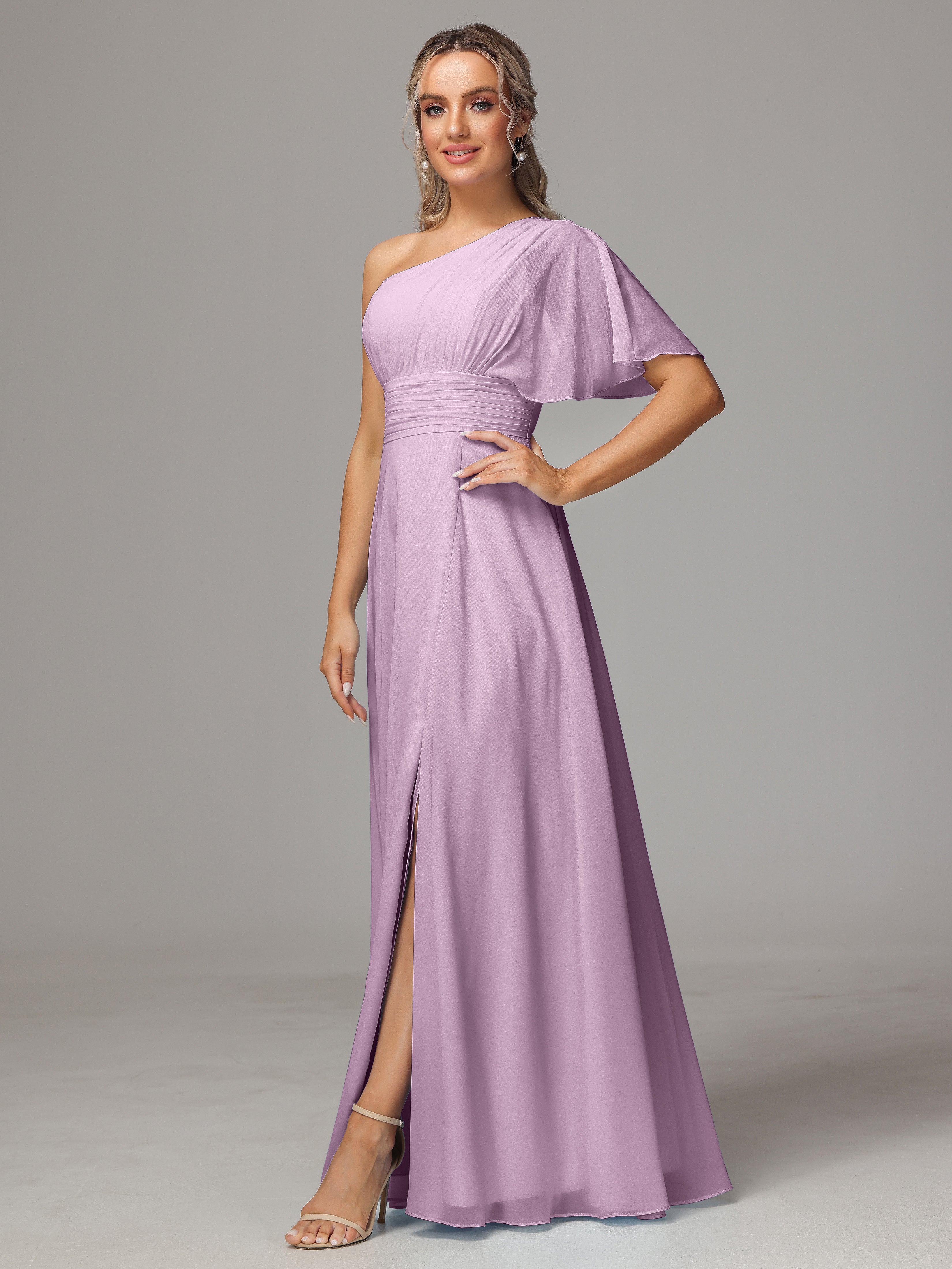 One Shoulder Ruffles Chiffon Bridesmaid Dresses With Split