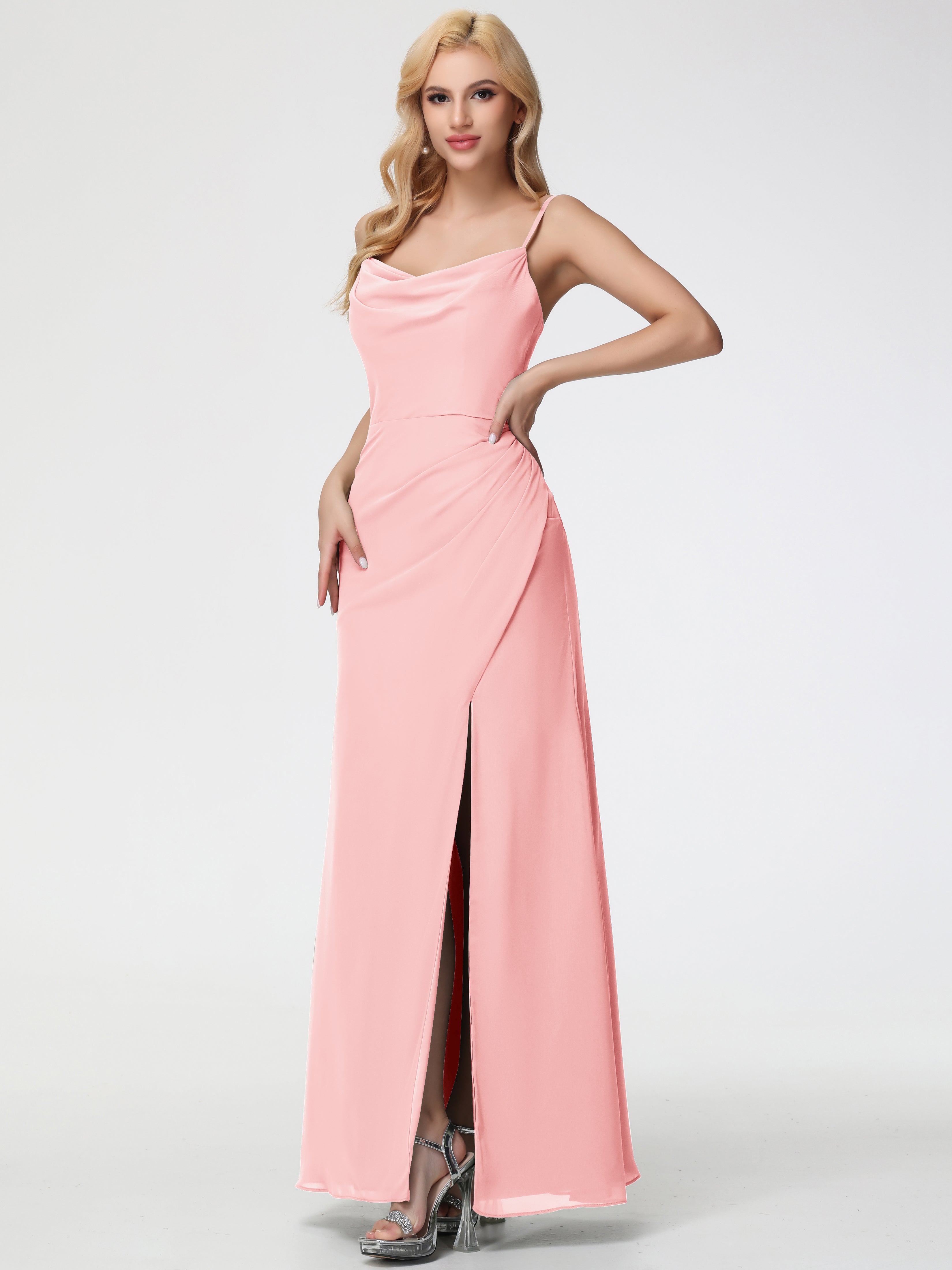 Cowl Sheath/Column Spaghetti Straps Chiffon Bridesmaid Dresses