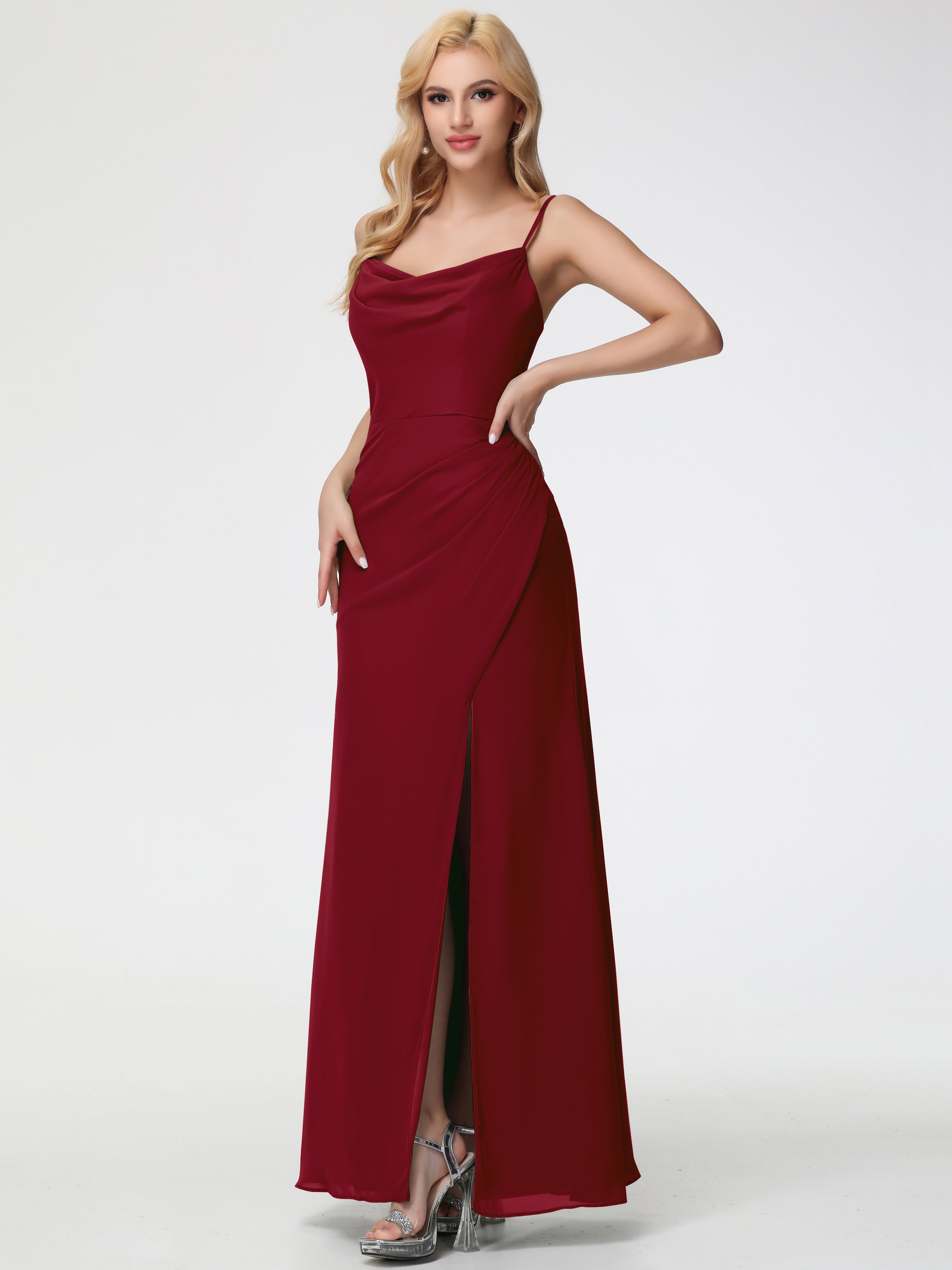 Cowl Sheath/Column Spaghetti Straps Chiffon Bridesmaid Dresses