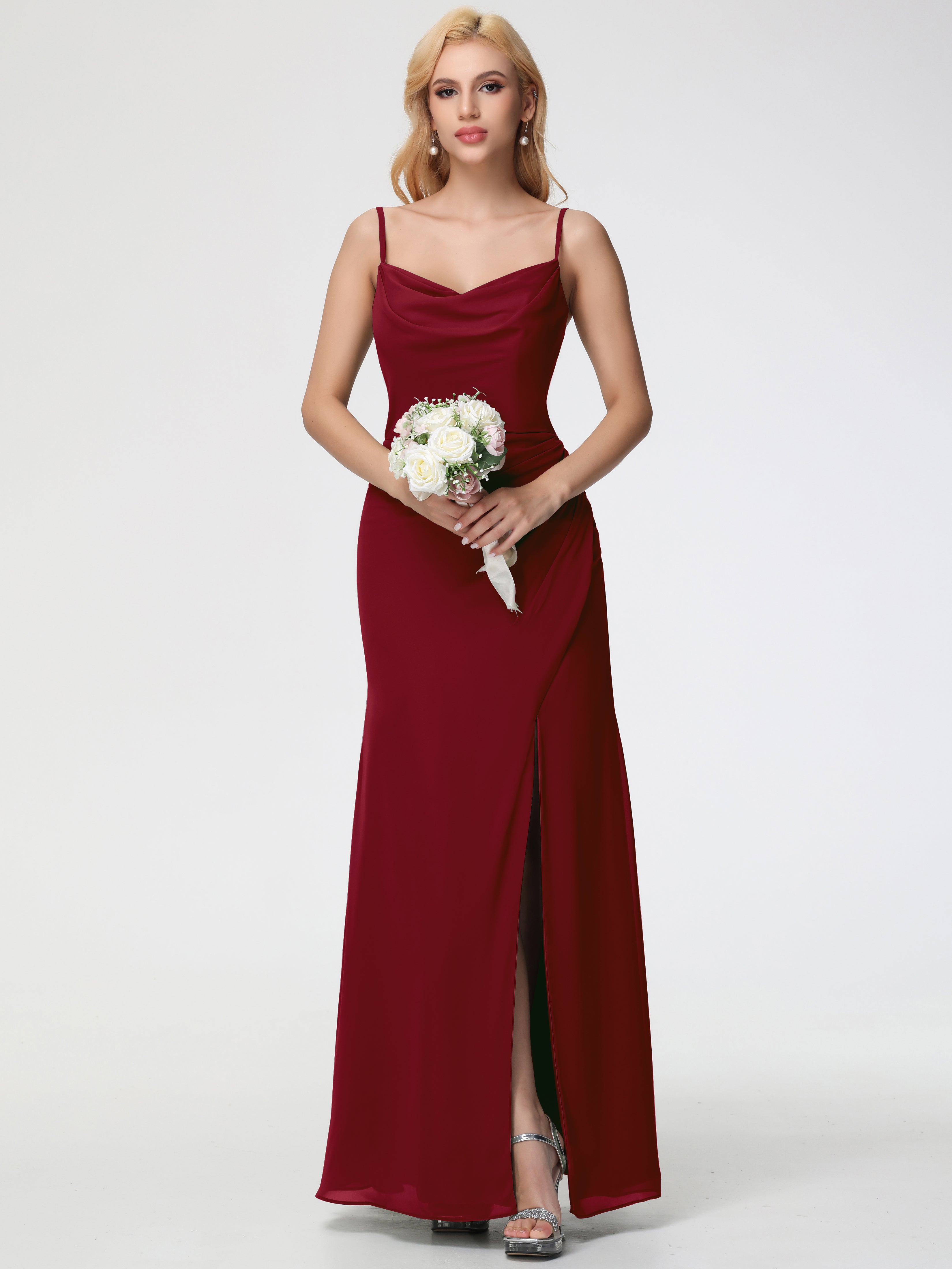 Cowl Sheath/Column Spaghetti Straps Chiffon Bridesmaid Dresses