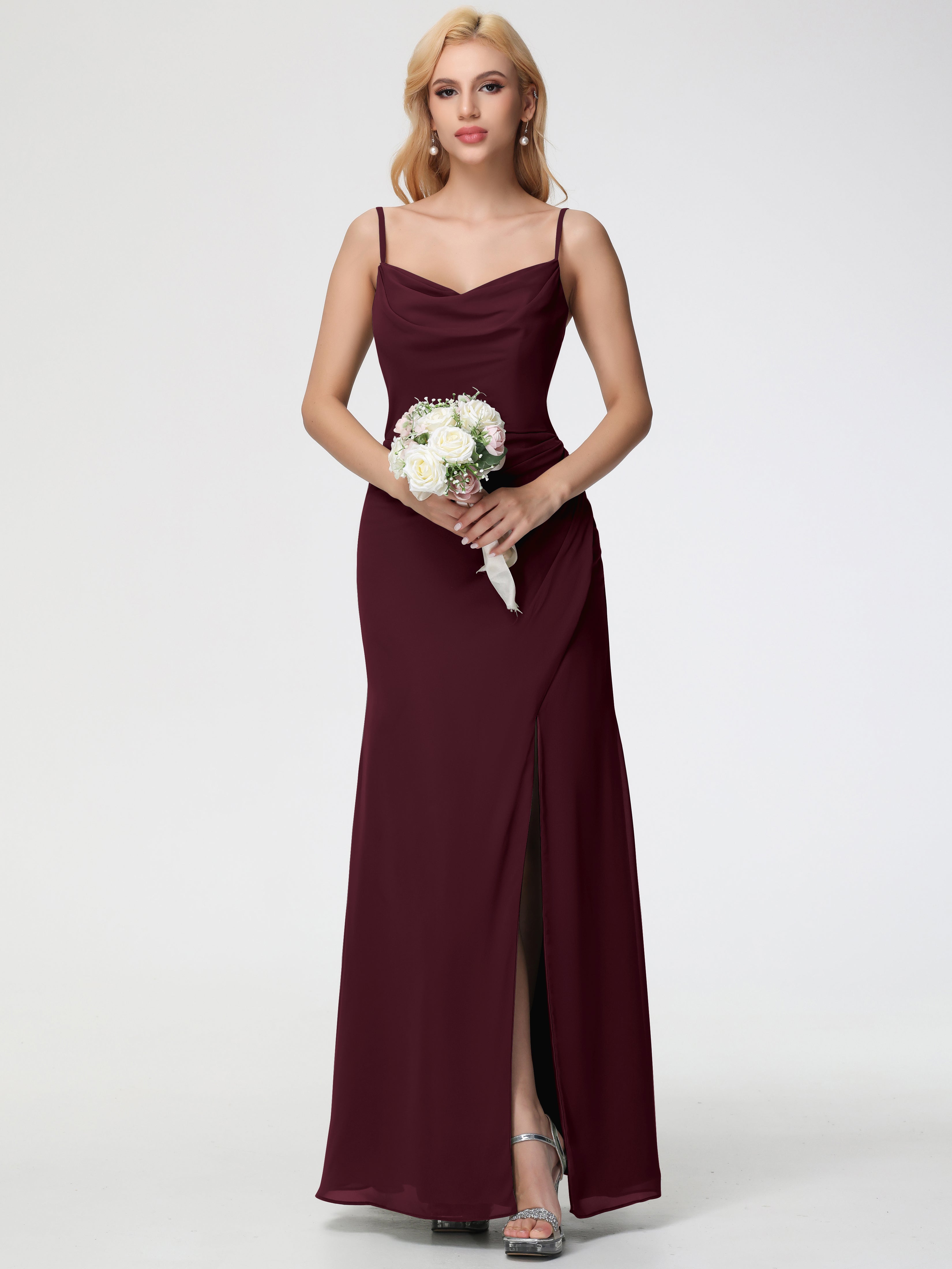 Cowl Sheath/Column Spaghetti Straps Chiffon Bridesmaid Dresses