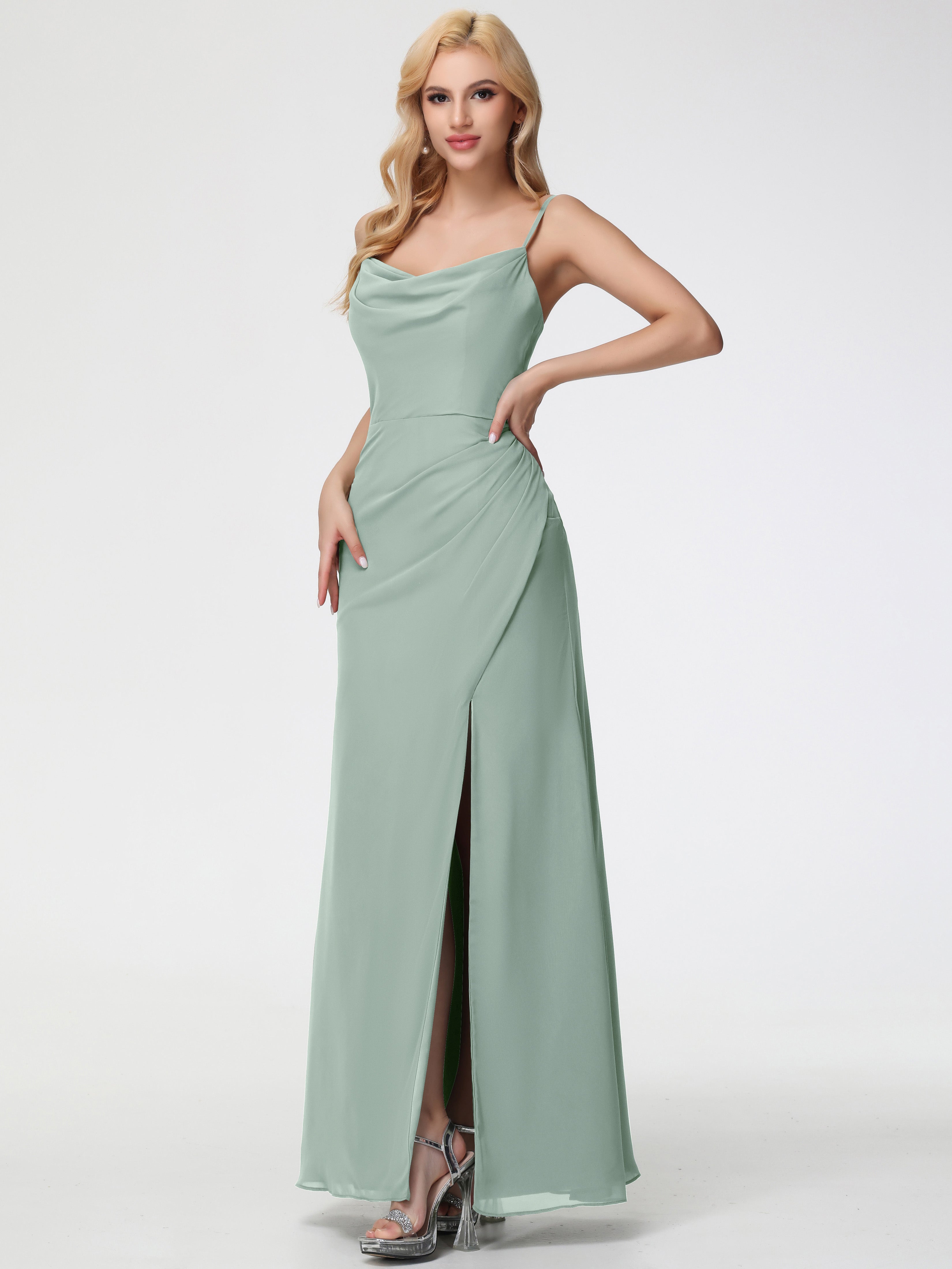 Cowl Sheath/Column Spaghetti Straps Chiffon Bridesmaid Dresses
