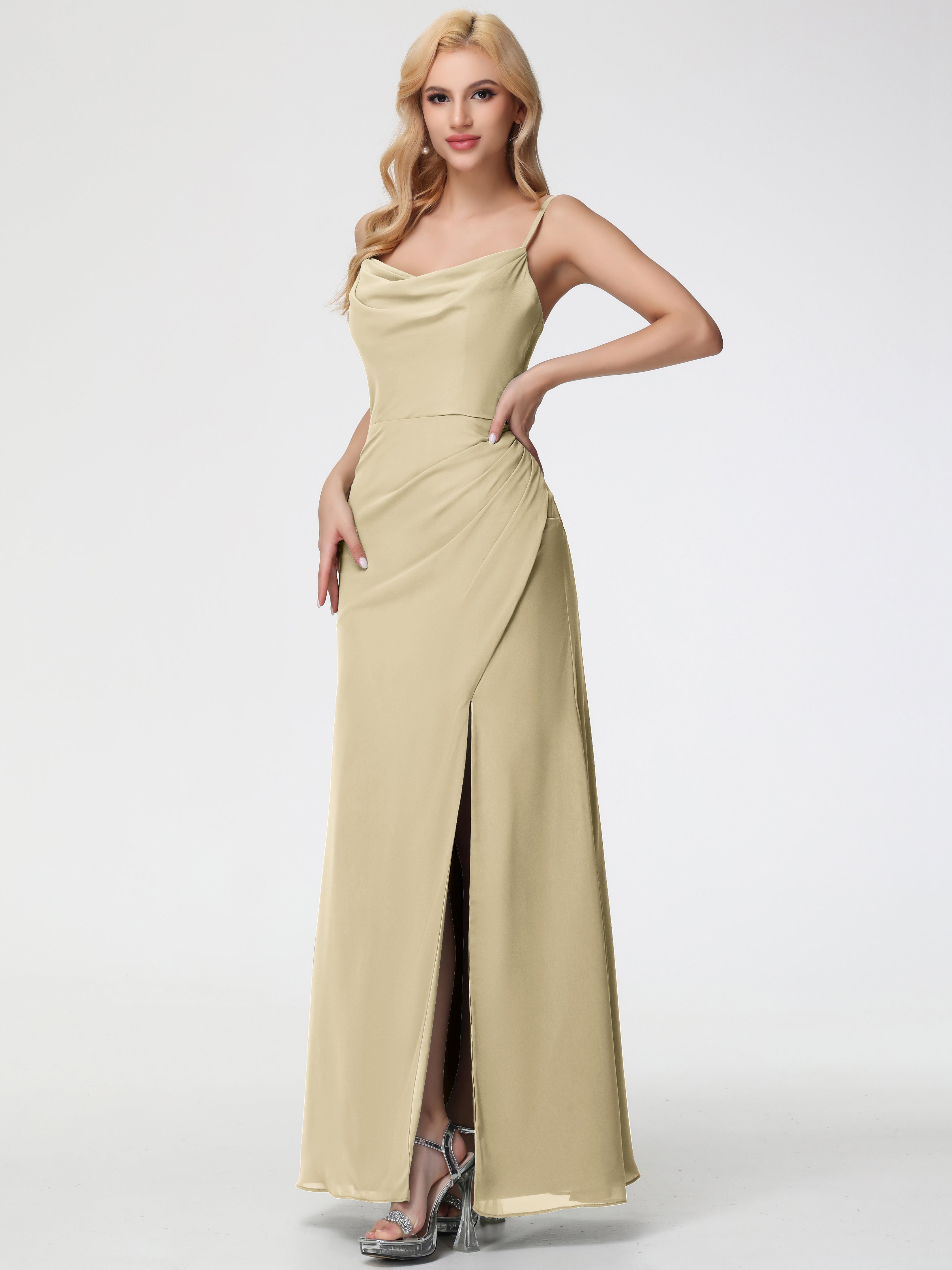 Cowl Sheath/Column Spaghetti Straps Chiffon Bridesmaid Dresses