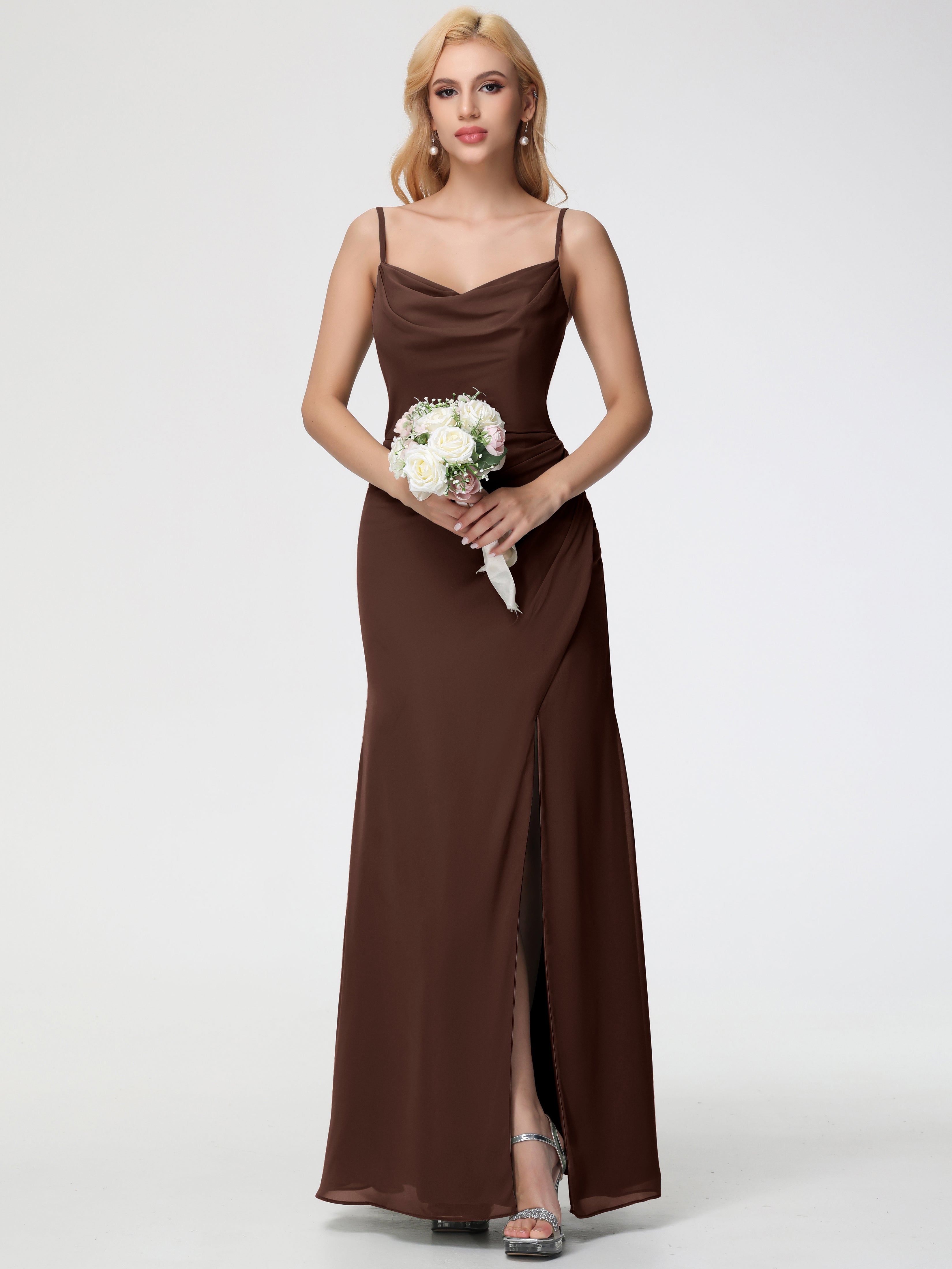 Cowl Sheath/Column Spaghetti Straps Chiffon Bridesmaid Dresses