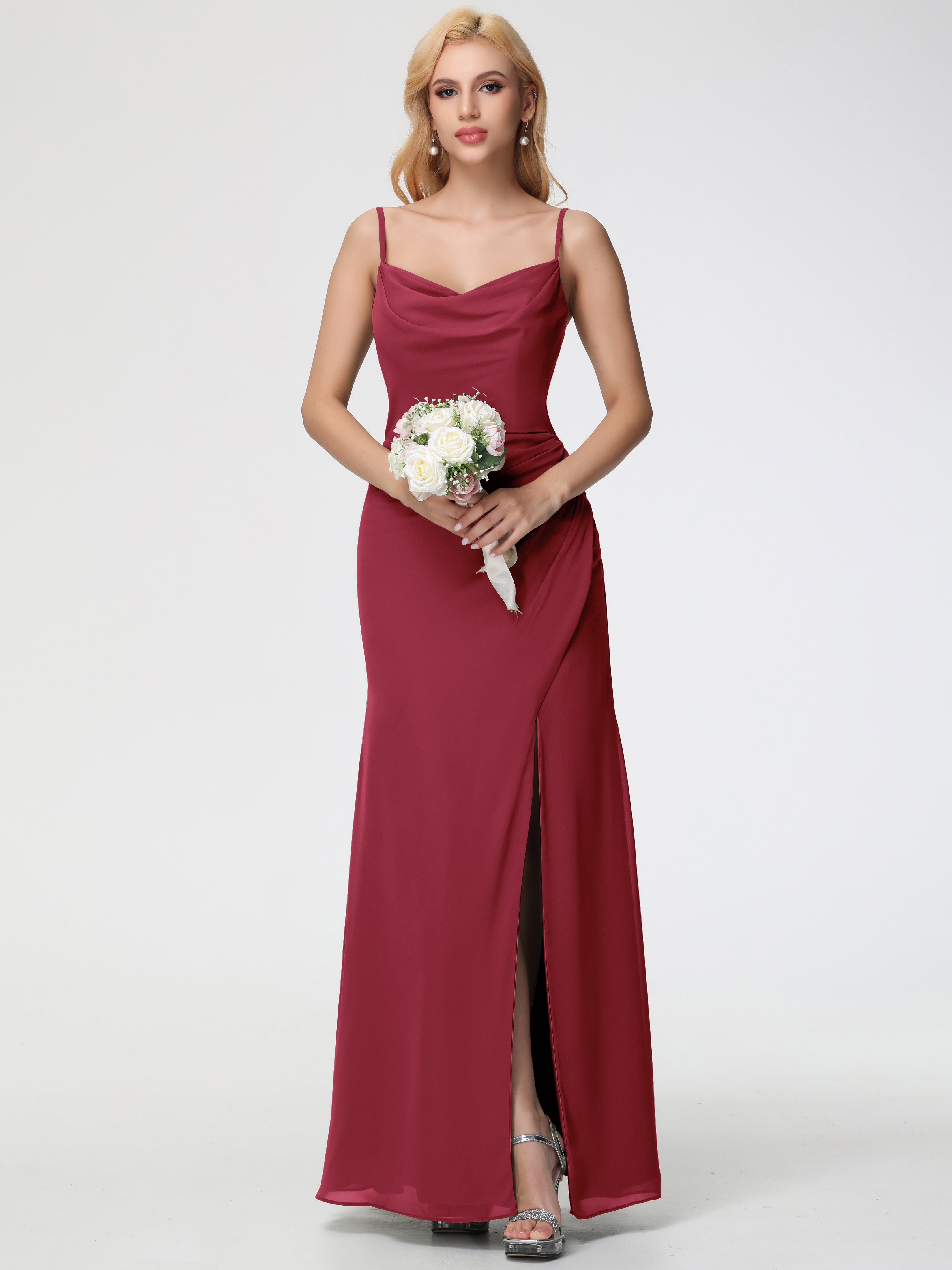 Cowl Sheath/Column Spaghetti Straps Chiffon Bridesmaid Dresses