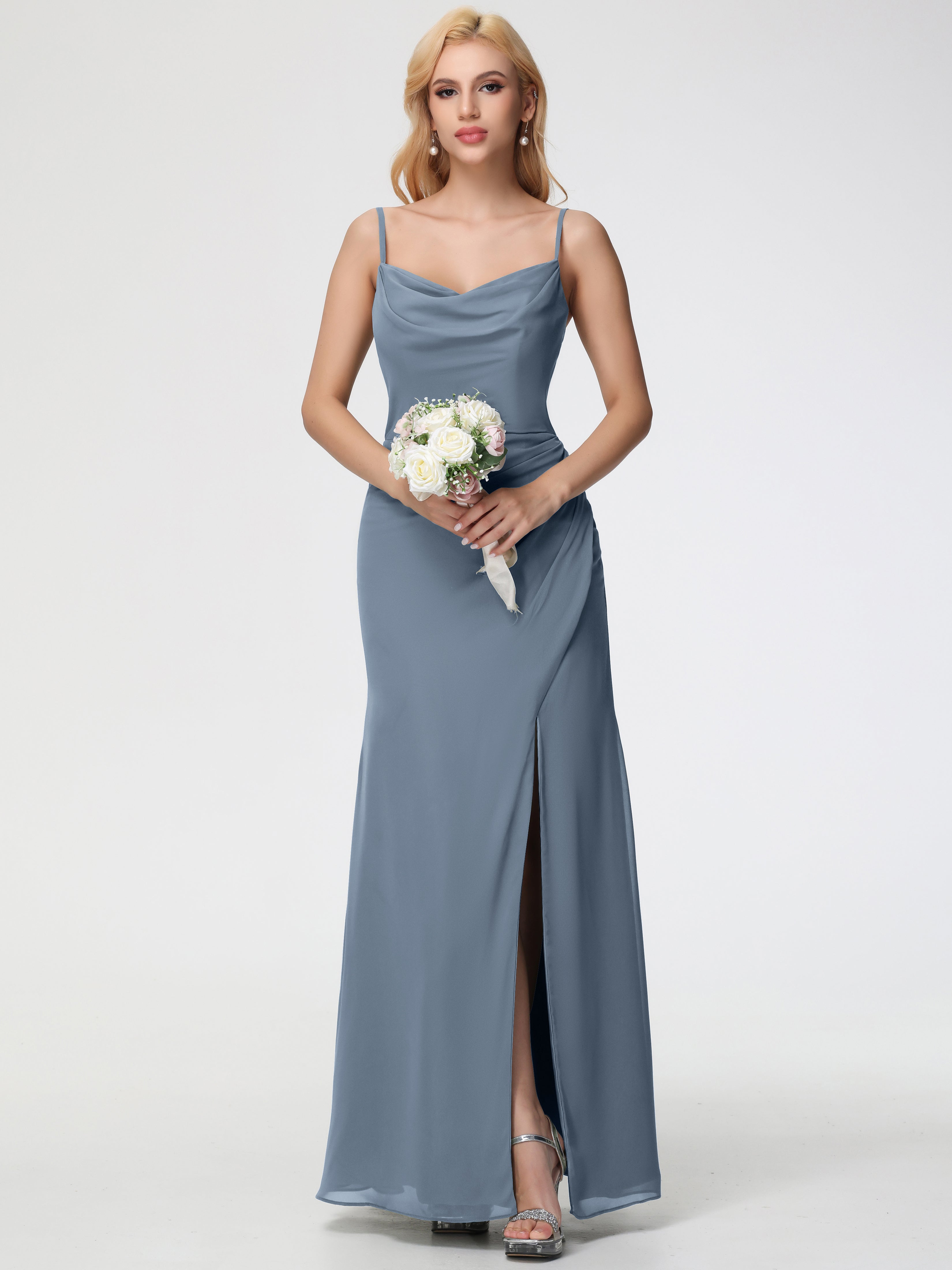 Cowl Sheath/Column Spaghetti Straps Chiffon Bridesmaid Dresses