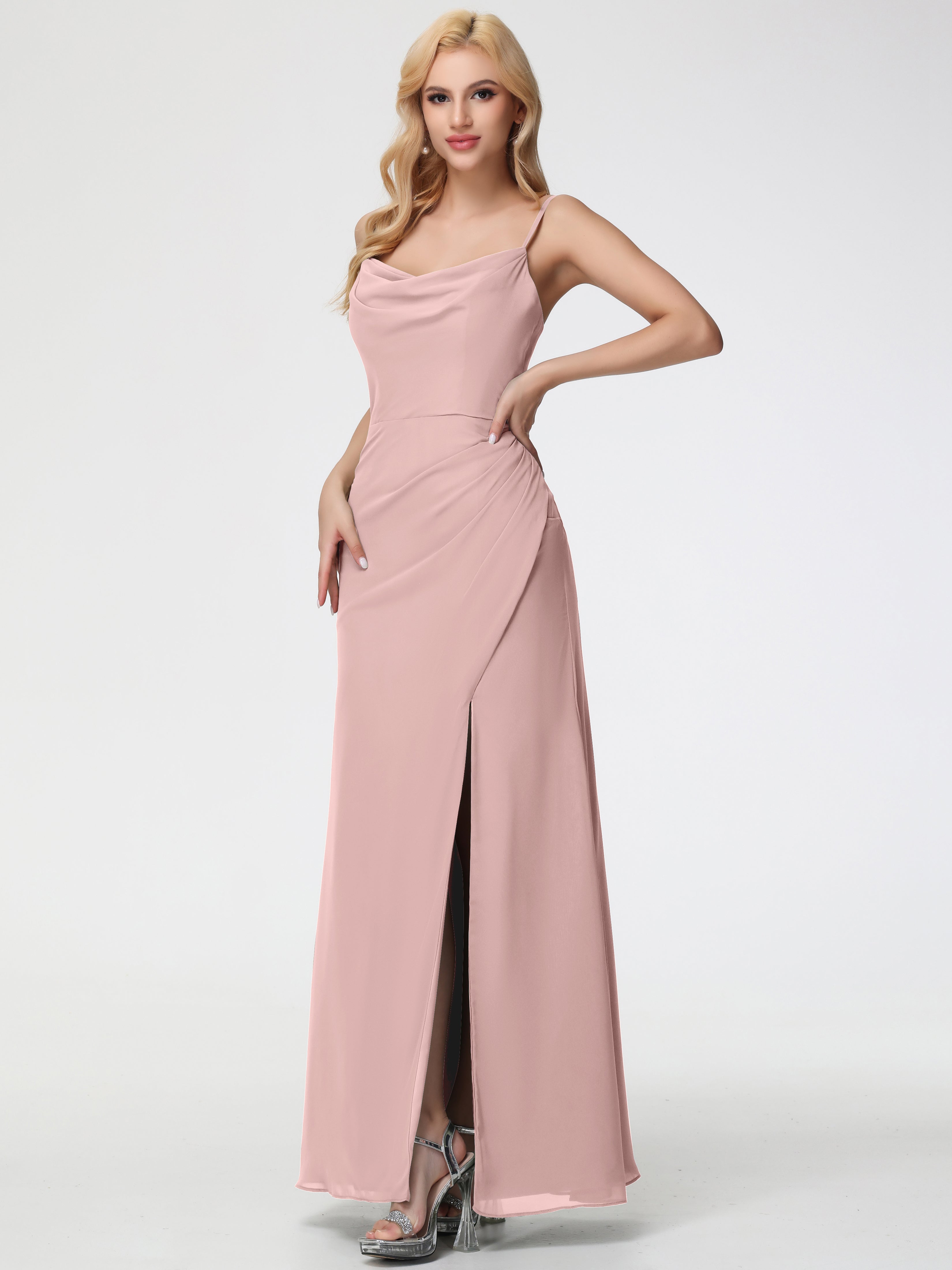 Cowl Sheath/Column Spaghetti Straps Chiffon Bridesmaid Dresses