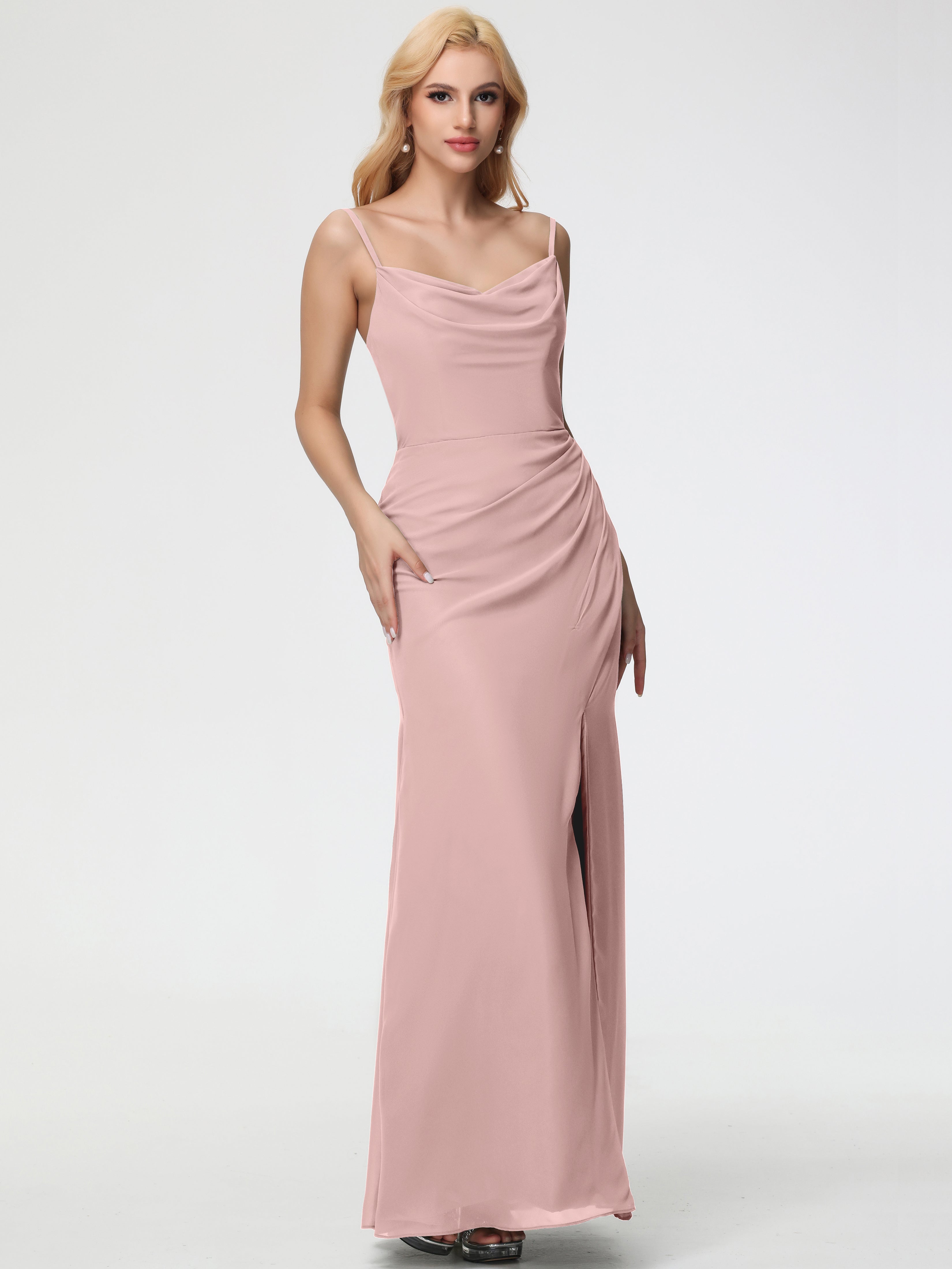 Cowl Sheath/Column Spaghetti Straps Chiffon Bridesmaid Dresses