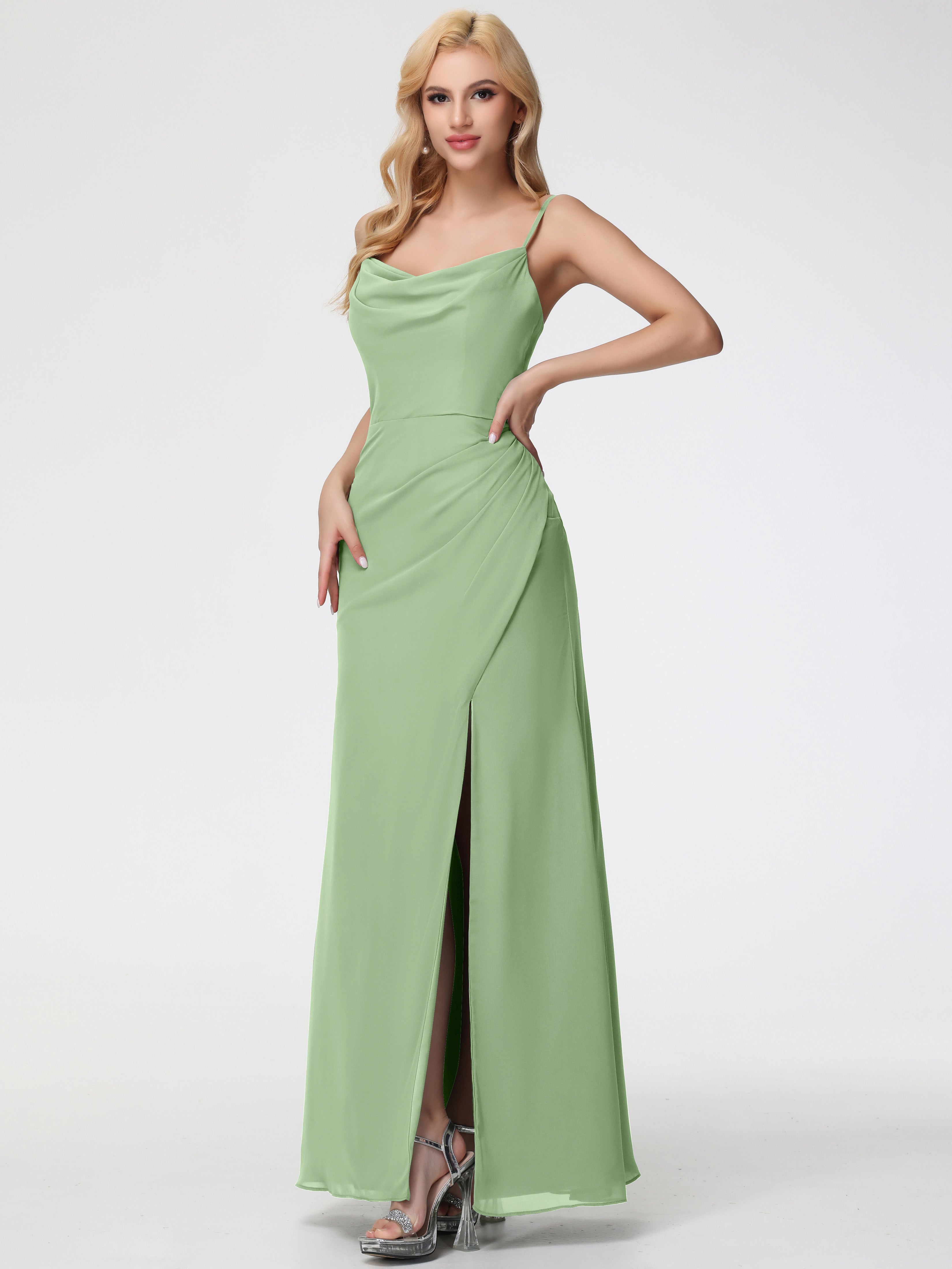 Cowl Sheath/Column Spaghetti Straps Chiffon Bridesmaid Dresses
