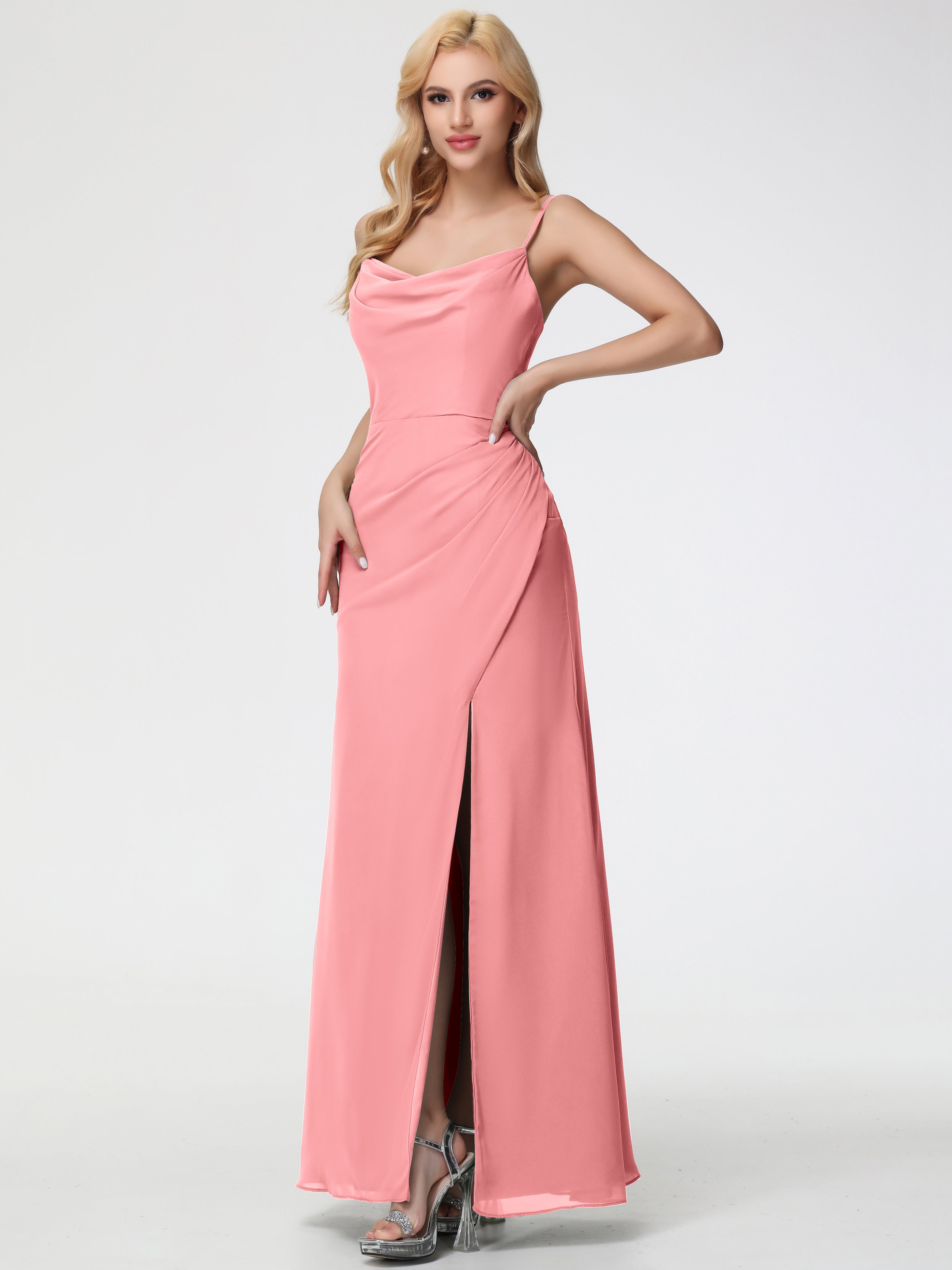 Cowl Sheath/Column Spaghetti Straps Chiffon Bridesmaid Dresses