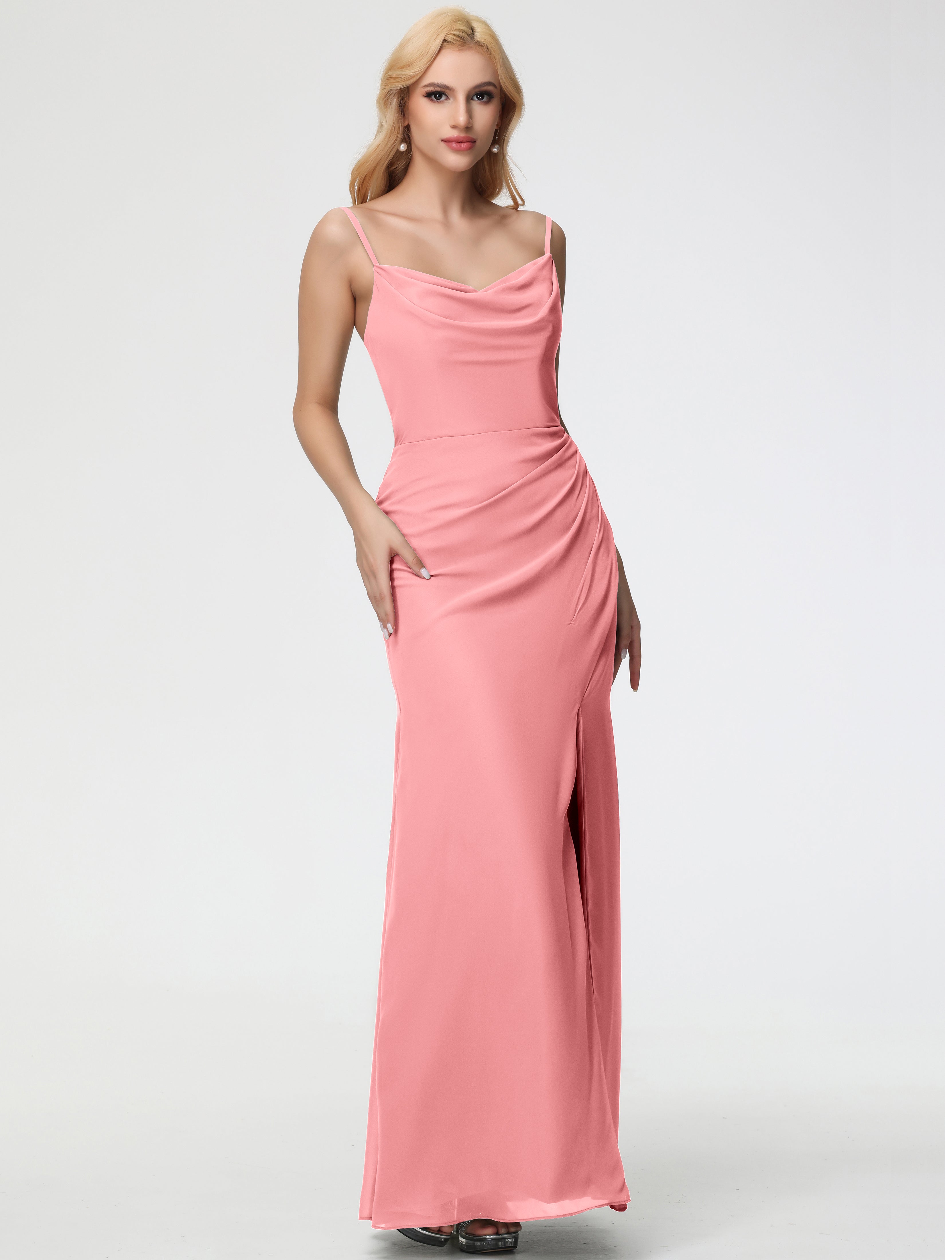 Cowl Sheath/Column Spaghetti Straps Chiffon Bridesmaid Dresses