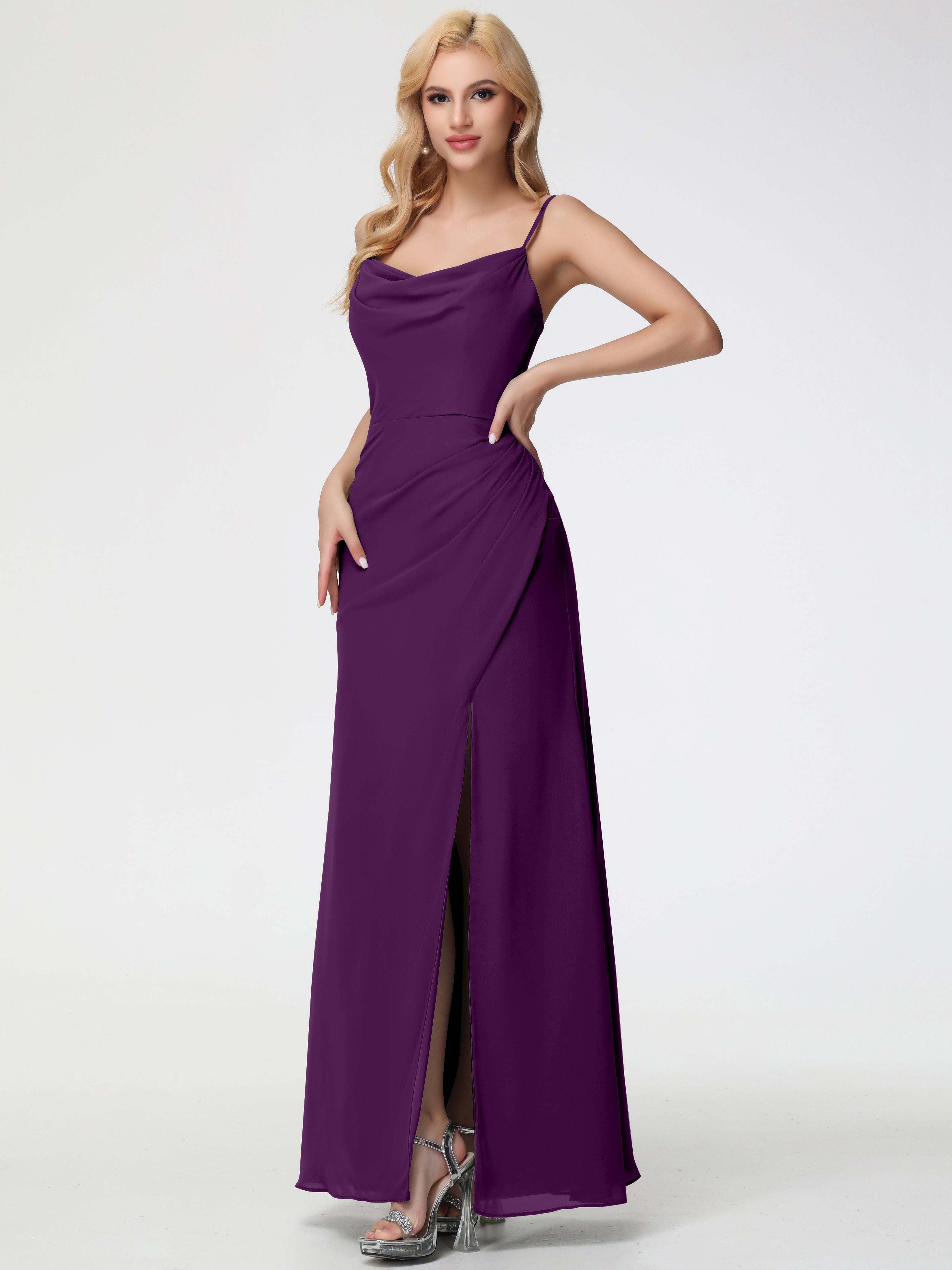 Cowl Sheath/Column Spaghetti Straps Chiffon Bridesmaid Dresses