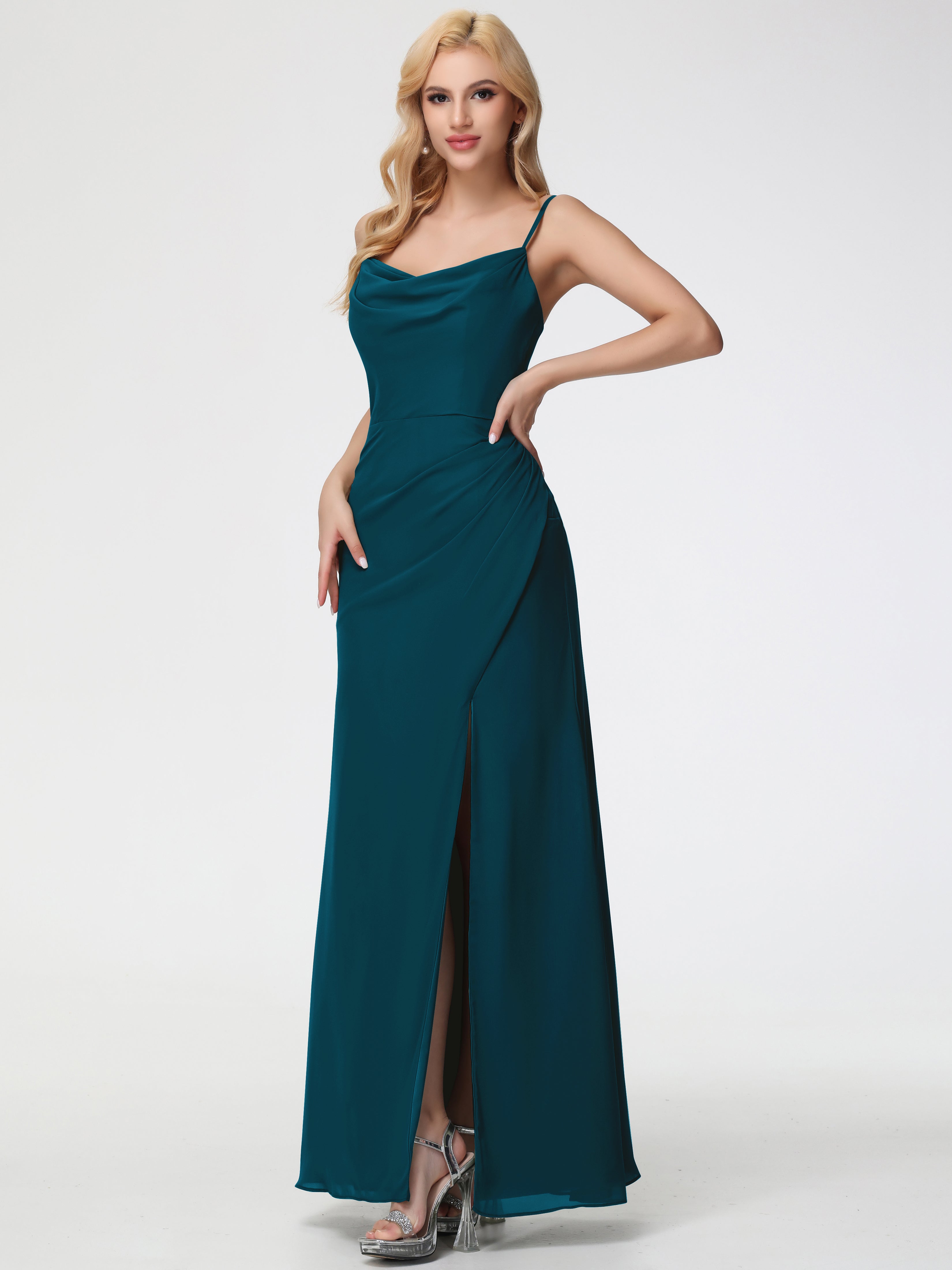 Cowl Sheath/Column Spaghetti Straps Chiffon Bridesmaid Dresses