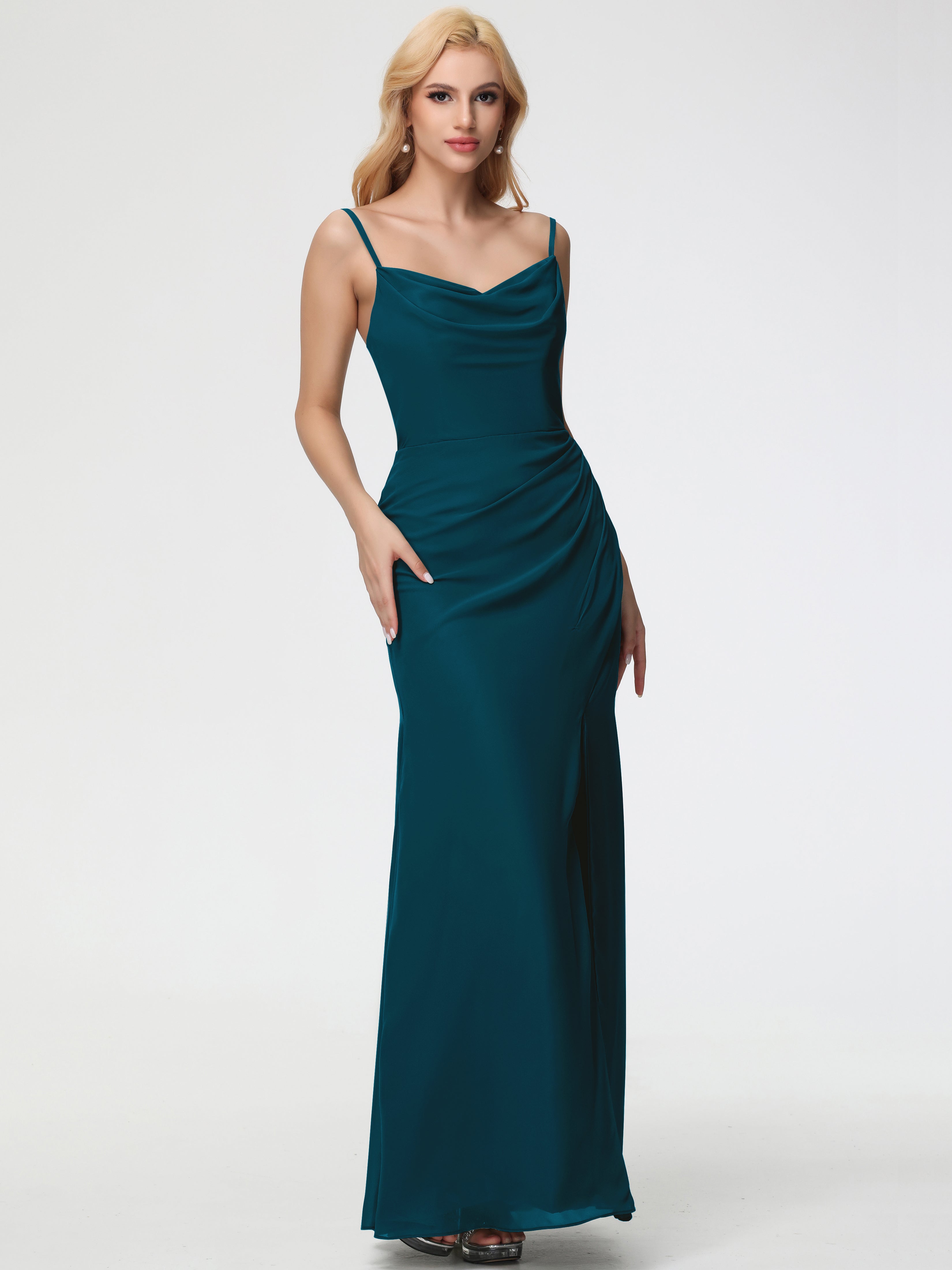 Cowl Sheath/Column Spaghetti Straps Chiffon Bridesmaid Dresses