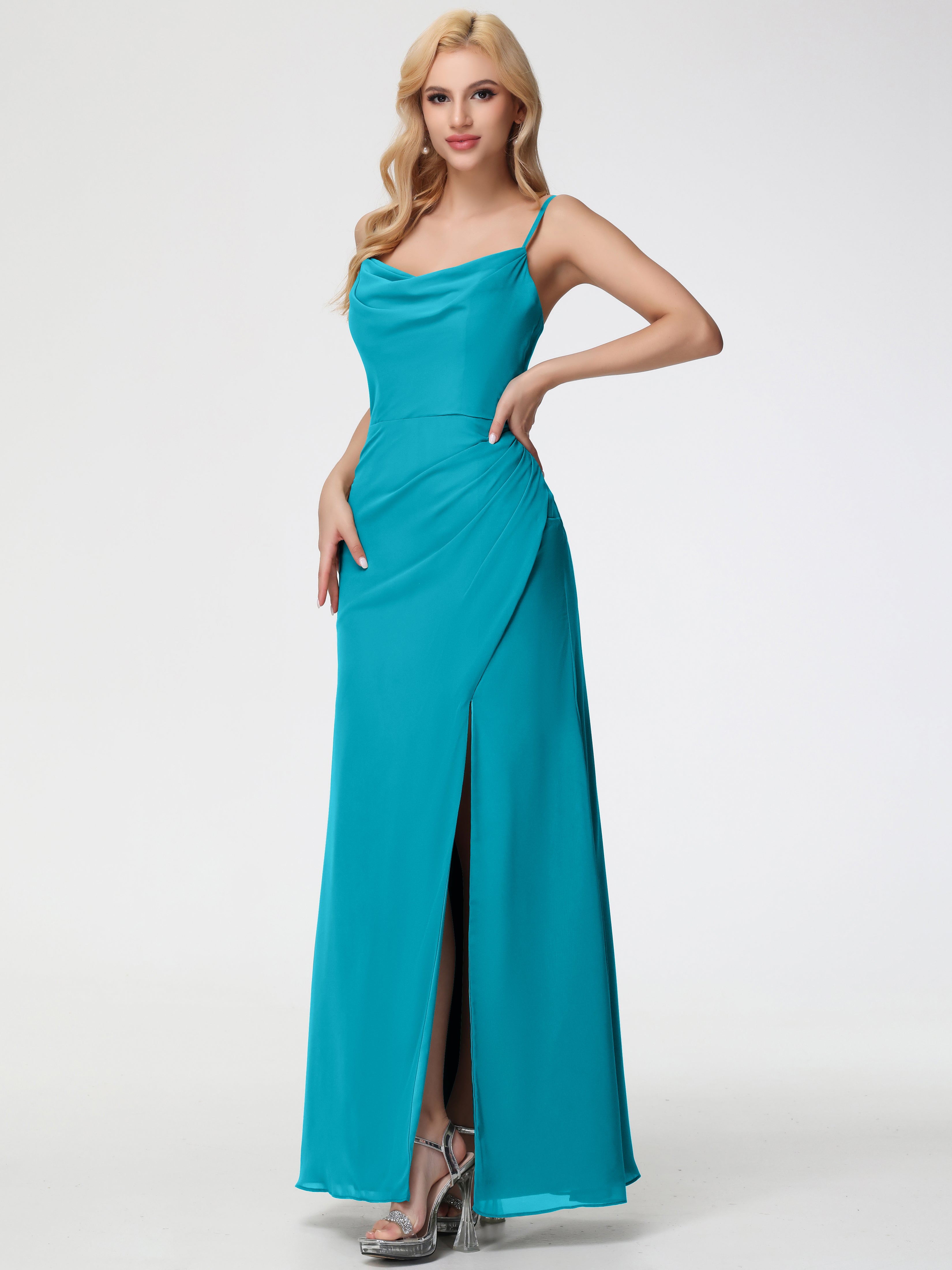 Cowl Sheath/Column Spaghetti Straps Chiffon Bridesmaid Dresses