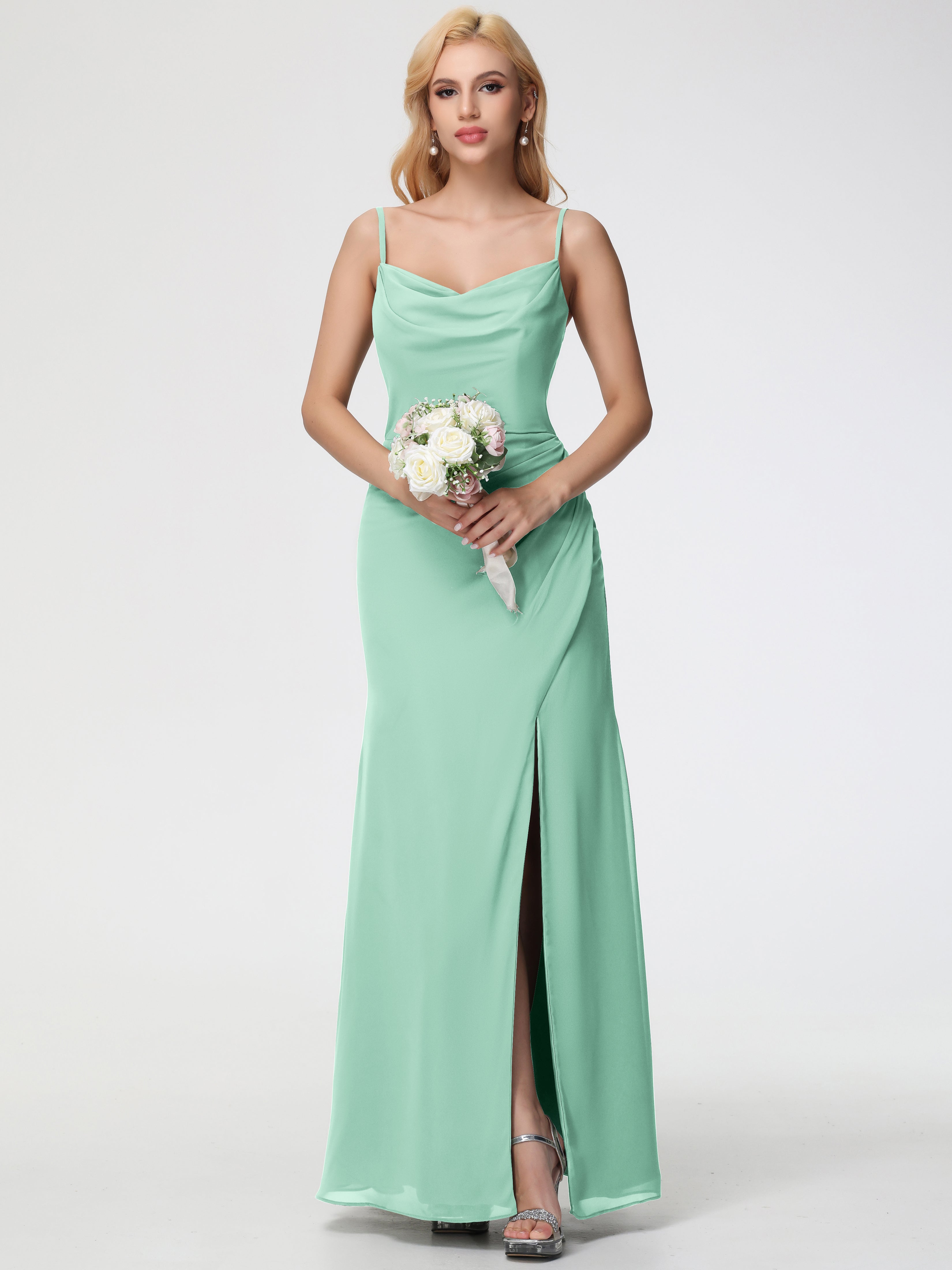Cowl Sheath/Column Spaghetti Straps Chiffon Bridesmaid Dresses