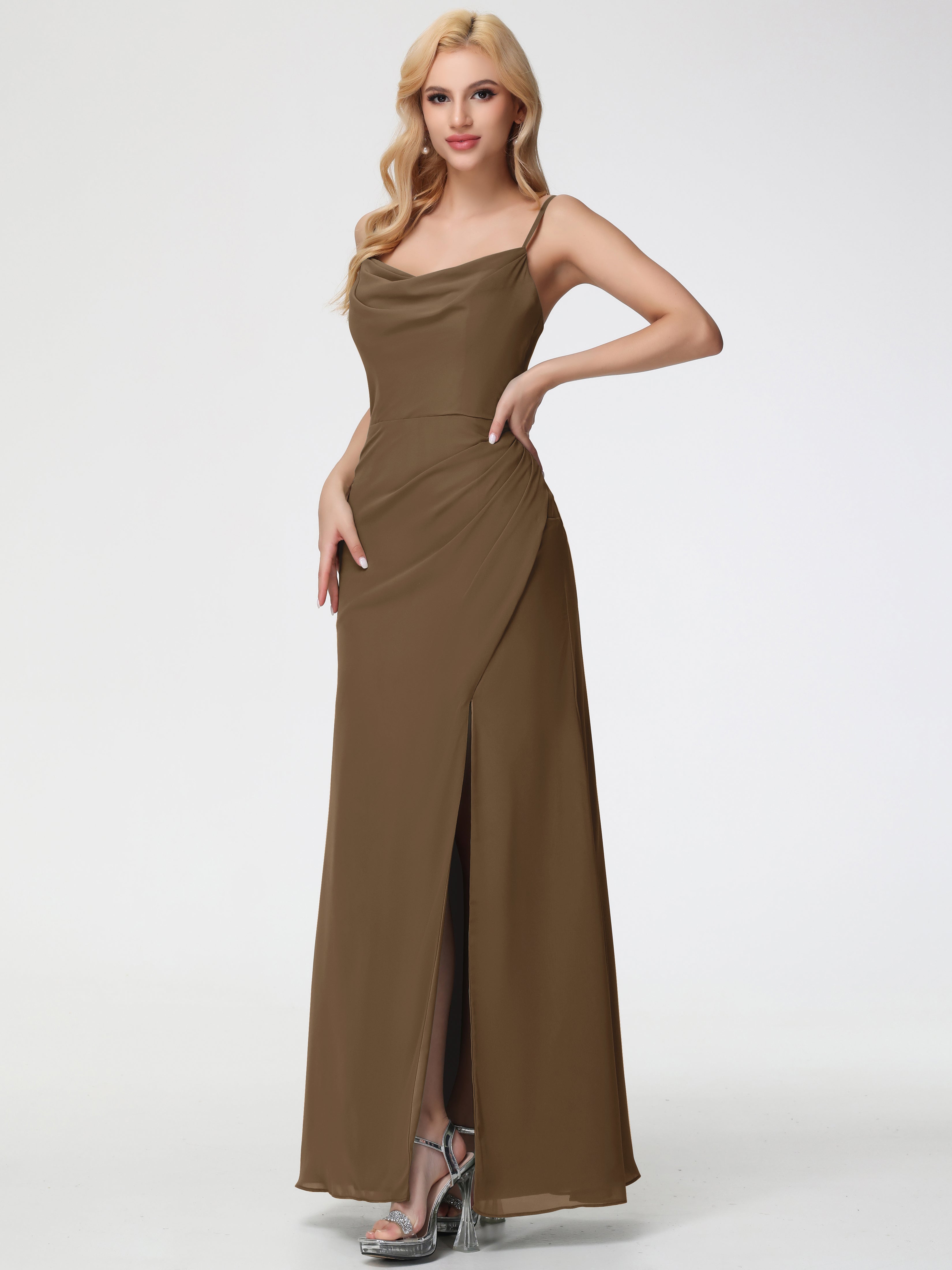 Cowl Sheath/Column Spaghetti Straps Chiffon Bridesmaid Dresses