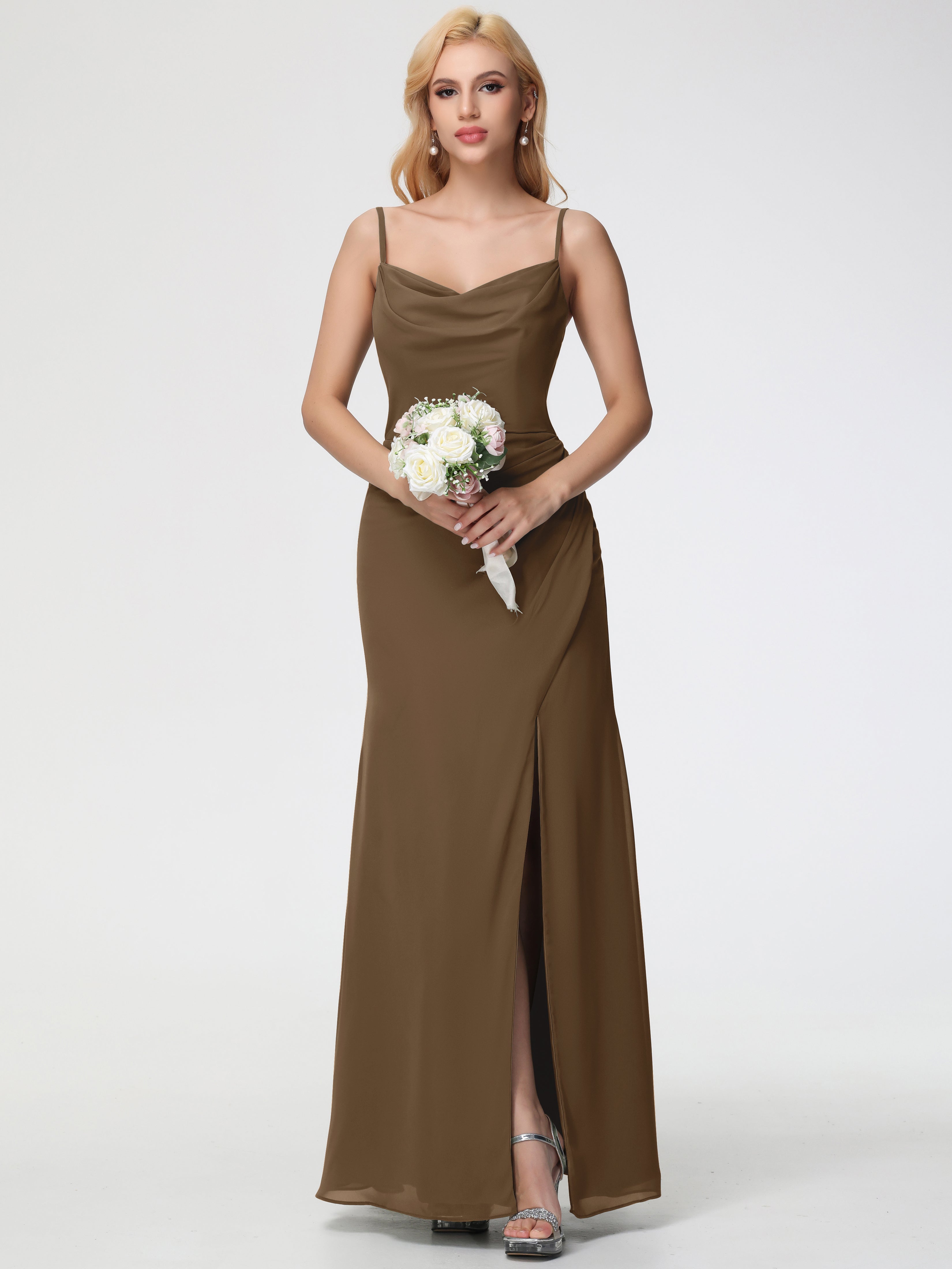 Cowl Sheath/Column Spaghetti Straps Chiffon Bridesmaid Dresses