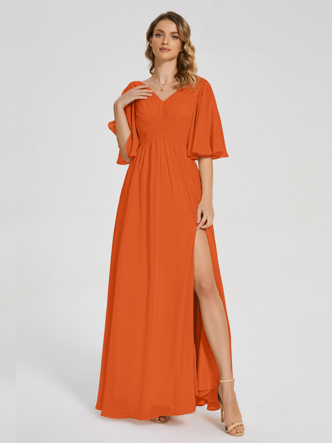 Burnt Orange Bridesmaid Dress Modest Half Sleeves Chiffon Bridesmaid D