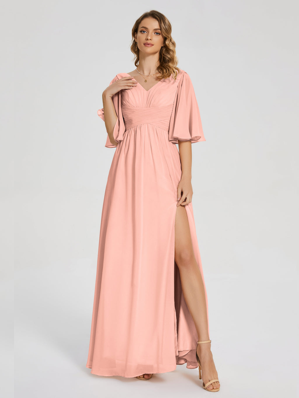 Coral Bridesmaid Dress Amina Modest Half Sleeves Chiffon Bridesmaid Dr