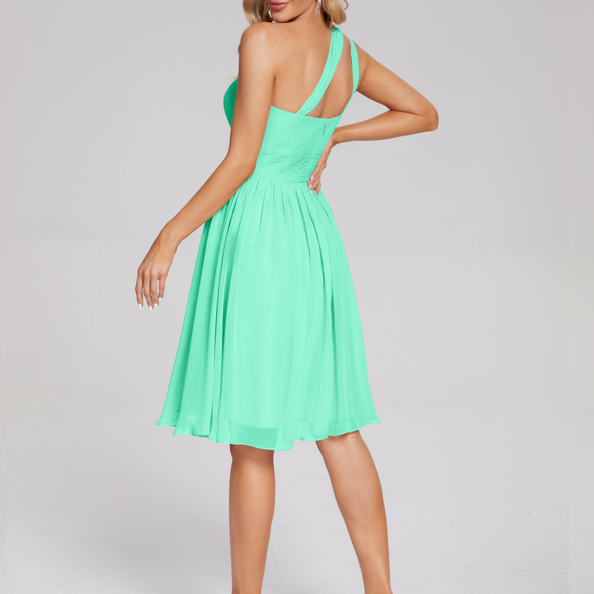 Blue Turquoise Bridesmaid Dresses Arielle One-Shoulder Short Chiffon B