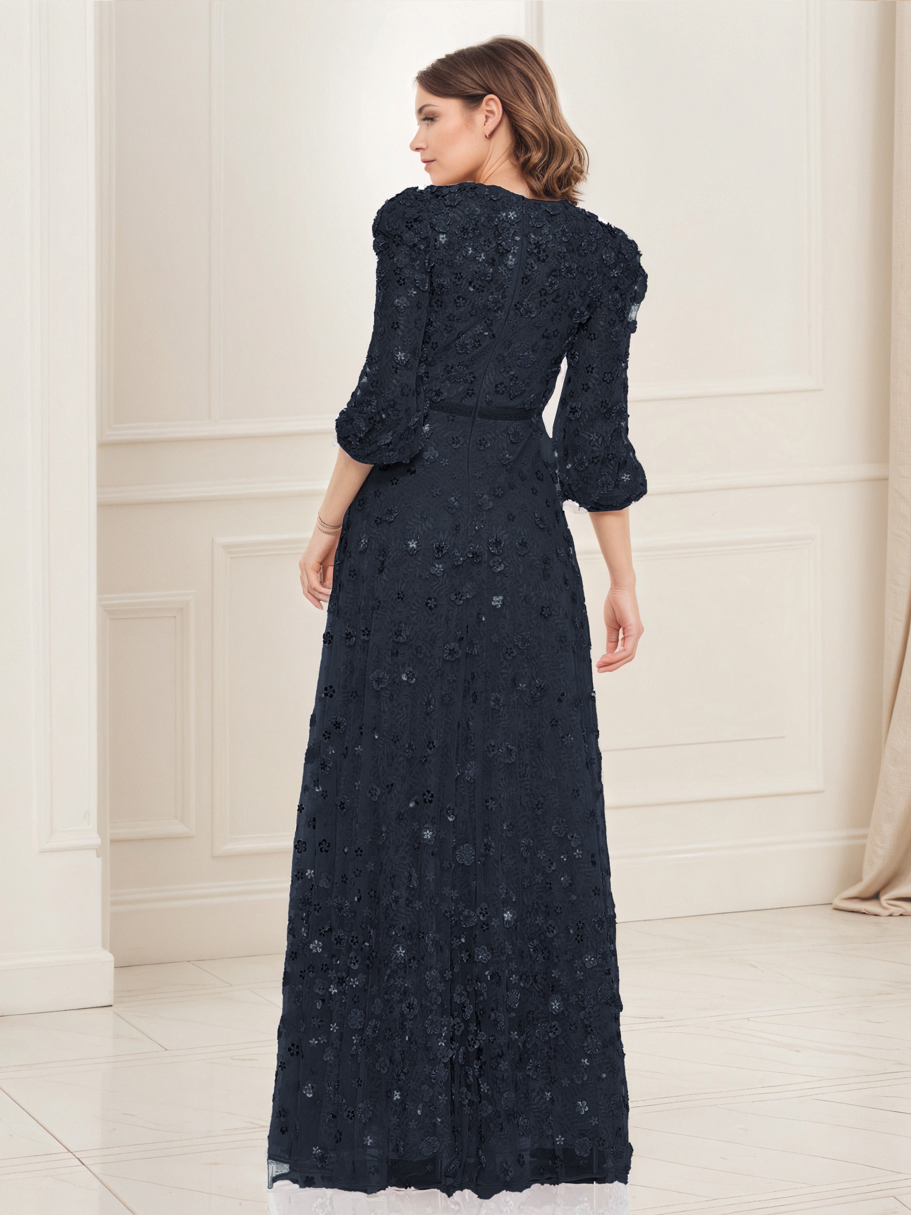 Black Prom Dresses Women's Dress Floral Appliques 3/4 Sleeve A-Line Prom Dress