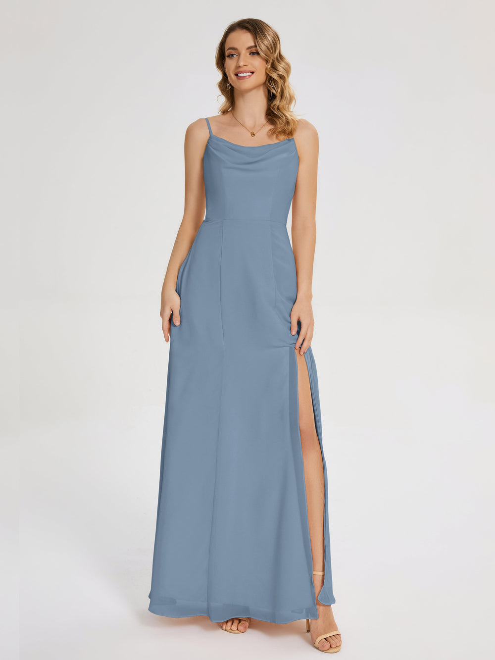 Bridesmaid Dresses Slate Blue Blake Cowl Split Chiffon Bridesmaid Dres