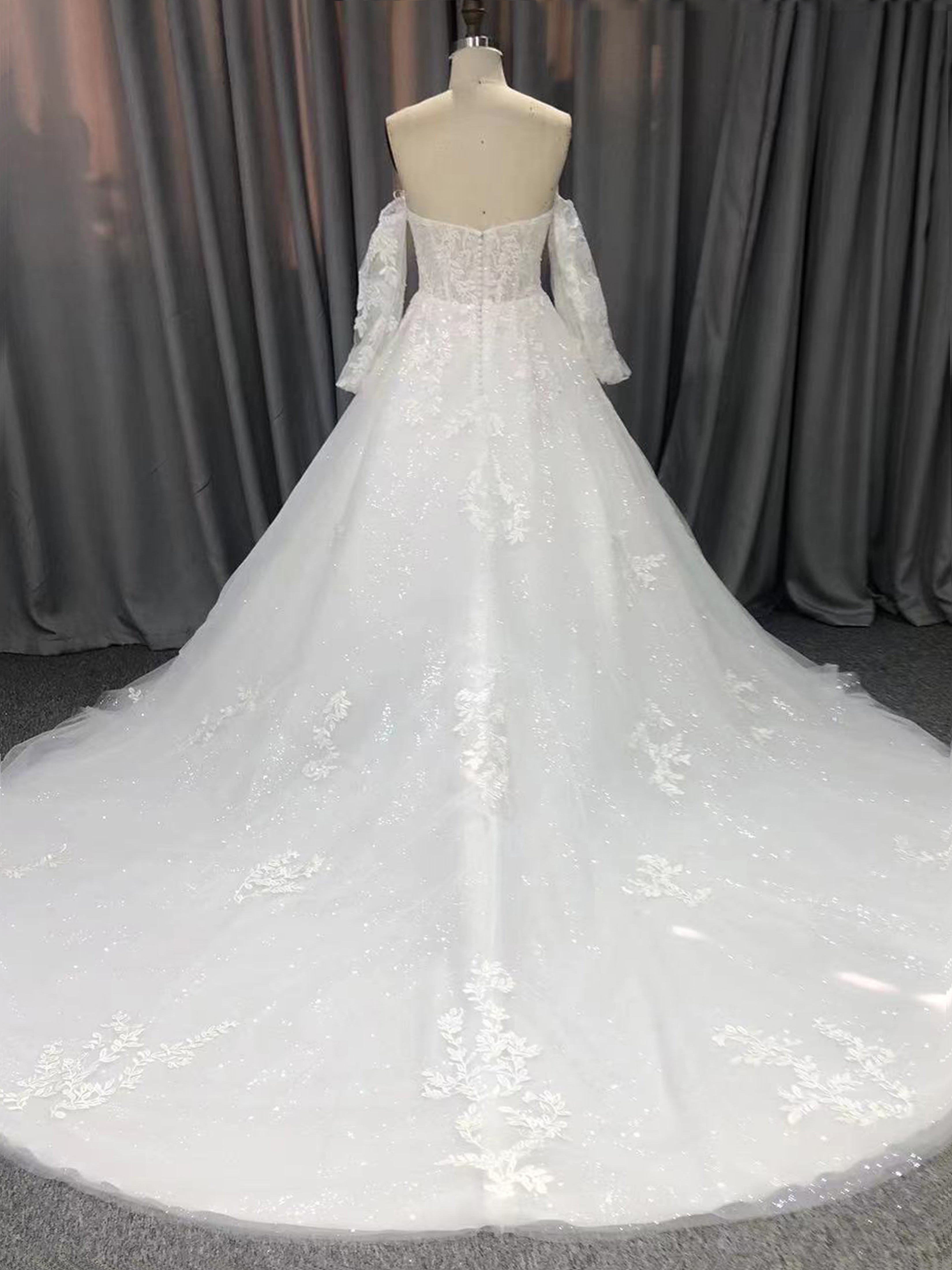 Sweetheart Court Train Long Sleeves Tulle Wedding Dresses With Lace