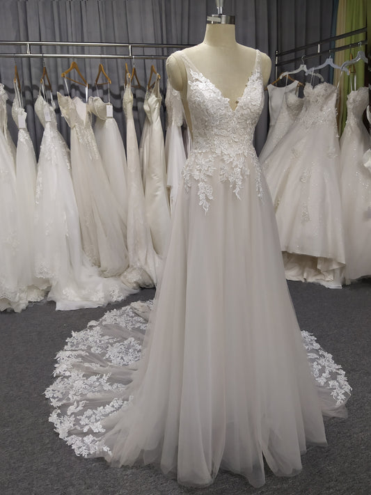 A-Line V-neck Court Train Wedding Dresses With Lace