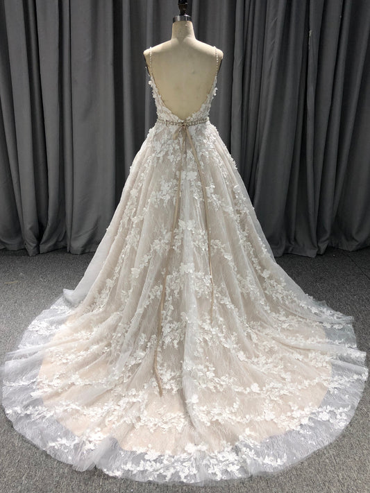 A-Line Spaghetti Straps Sweep Train Wedding Dresses With Lace
