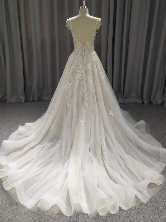 A-Line Spaghetti Straps Court Train Wedding Dresses With Lace