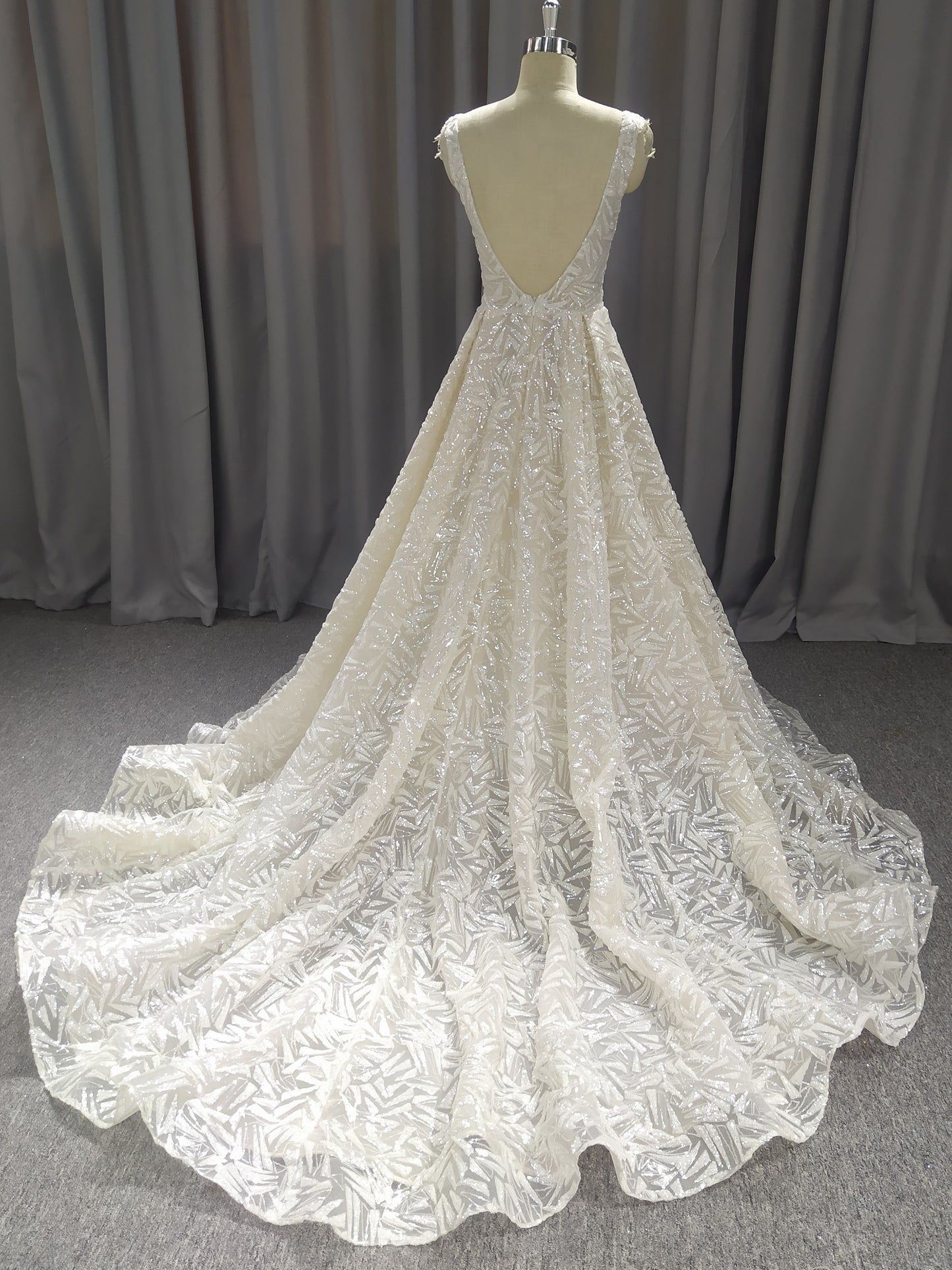 A-Line V-Neck Court Train Lace Wedding Dresses
