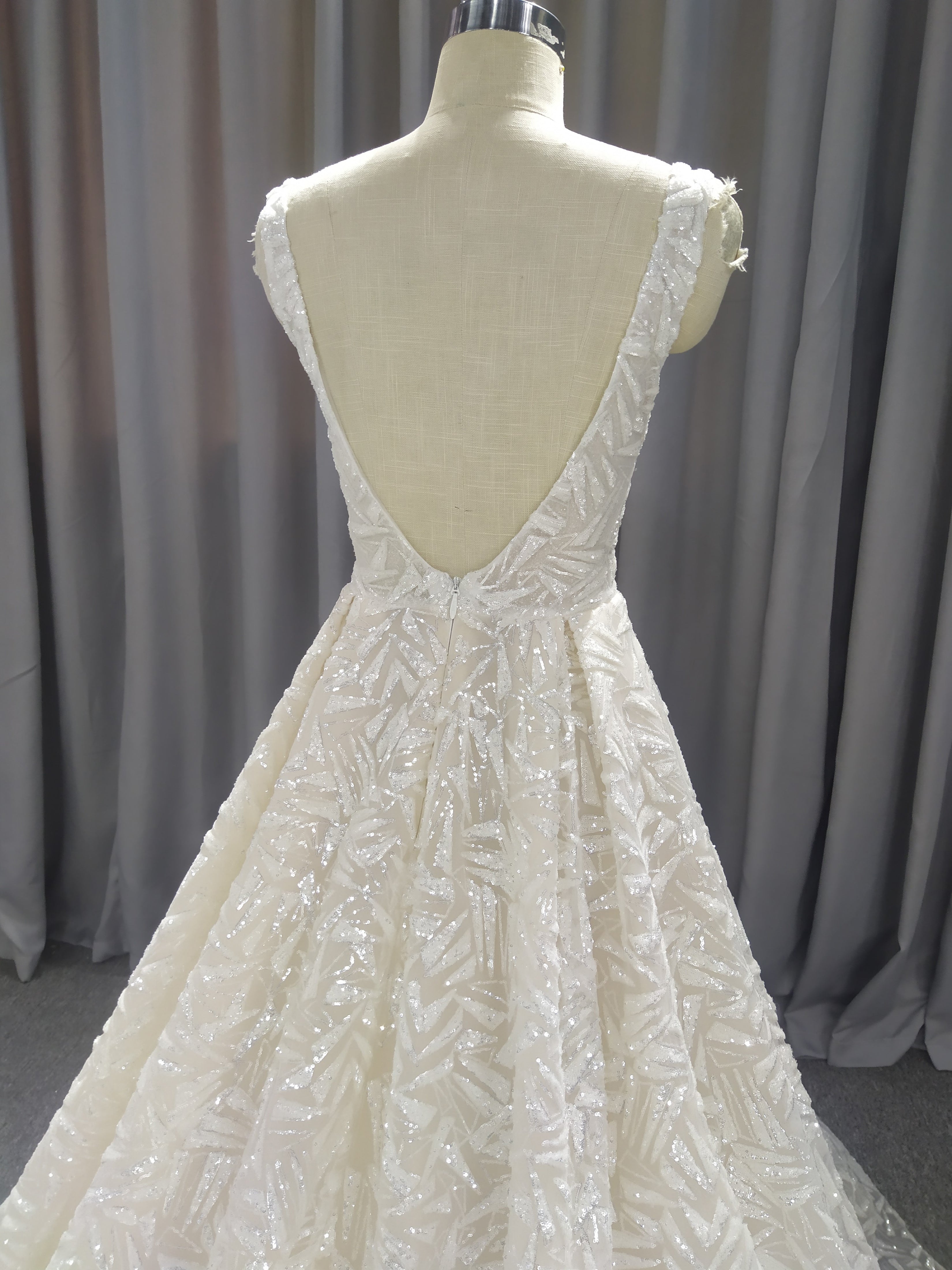 A-Line V-Neck Court Train Lace Wedding Dresses