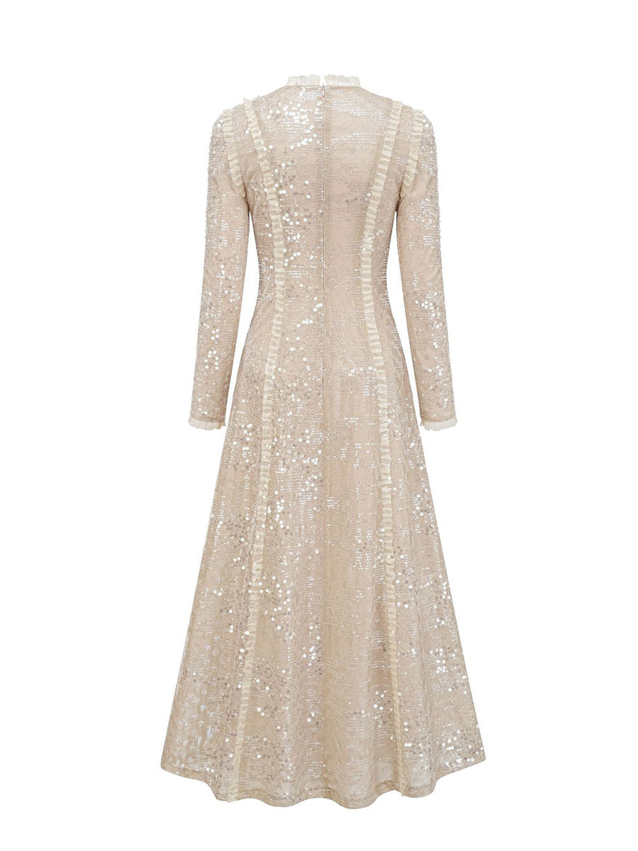 Cicinia A-Line Champagne Prom Dress Long Sleeves Sequin Elegant Evening Gown