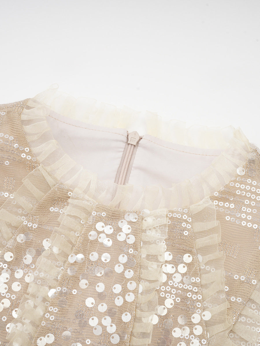 Cicinia A-Line Champagne Prom Dress Long Sleeves Sequin Elegant Evening Gown