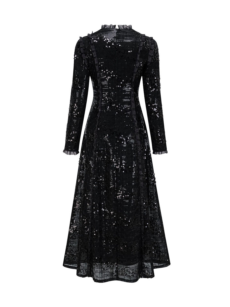 Cicinia A-Line Black Prom Dress Long Sleeves Sequin Elegant Evening Gown