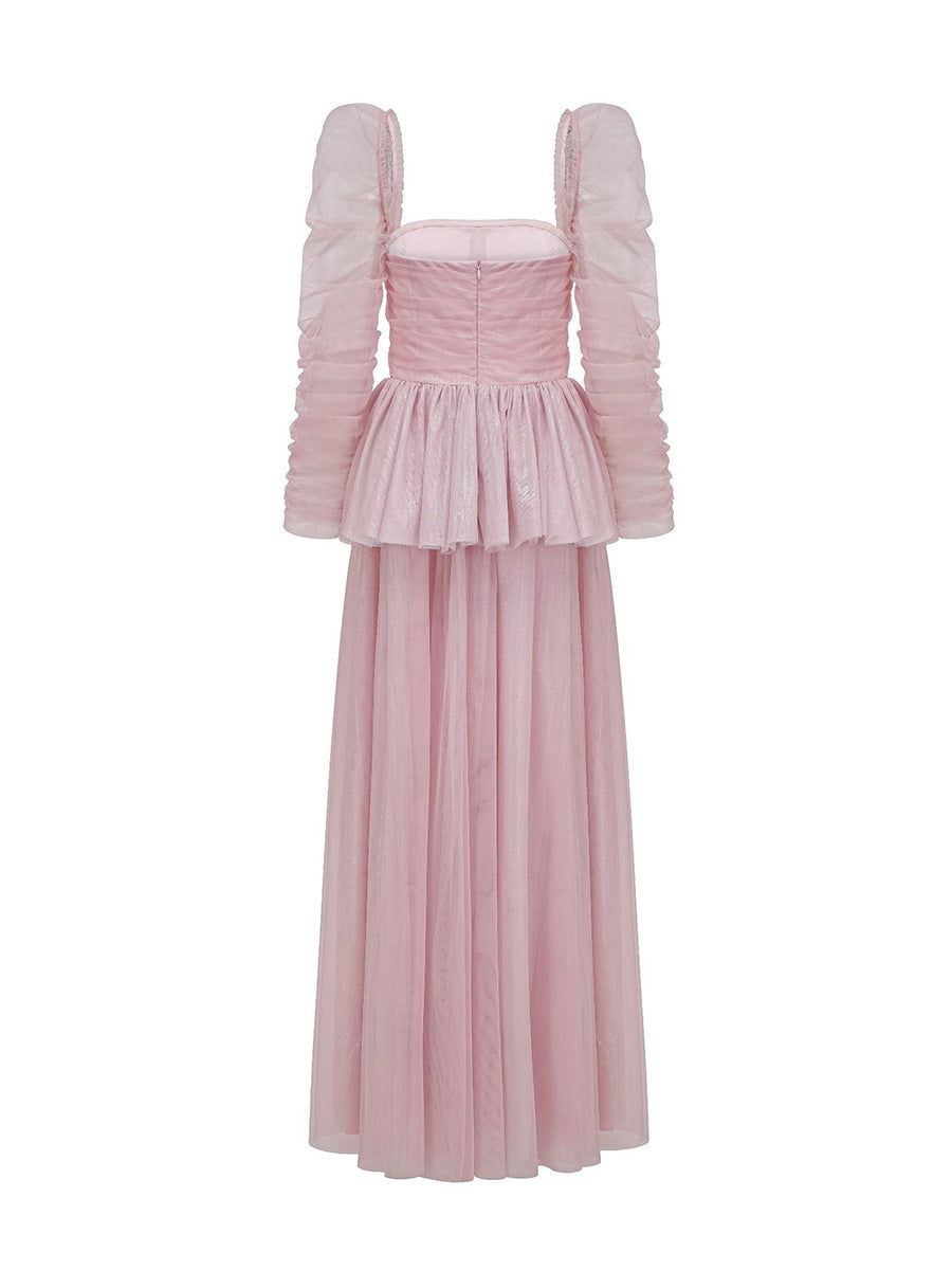 Cicinia Pink Long Sleeves Tulle Prom Dresses With Rhinestone