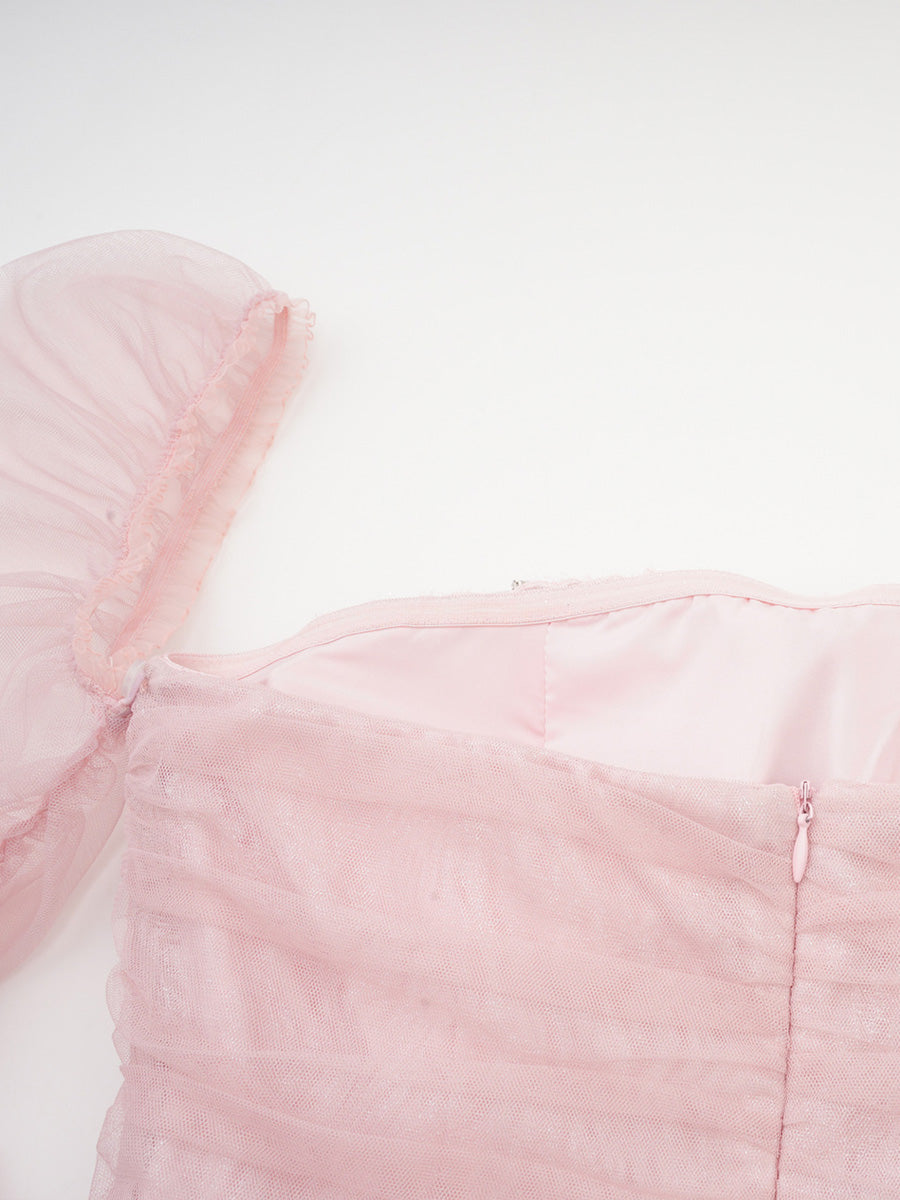 Cicinia Pink Long Sleeves Tulle Prom Dresses With Rhinestone