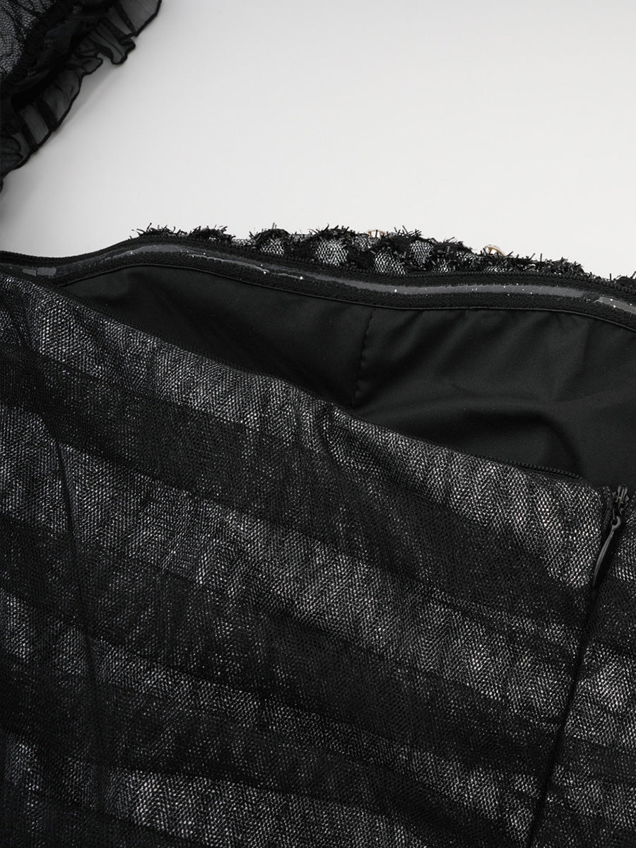 Cicinia Black Long Sleeves Tulle Prom Dresses With Rhinestone