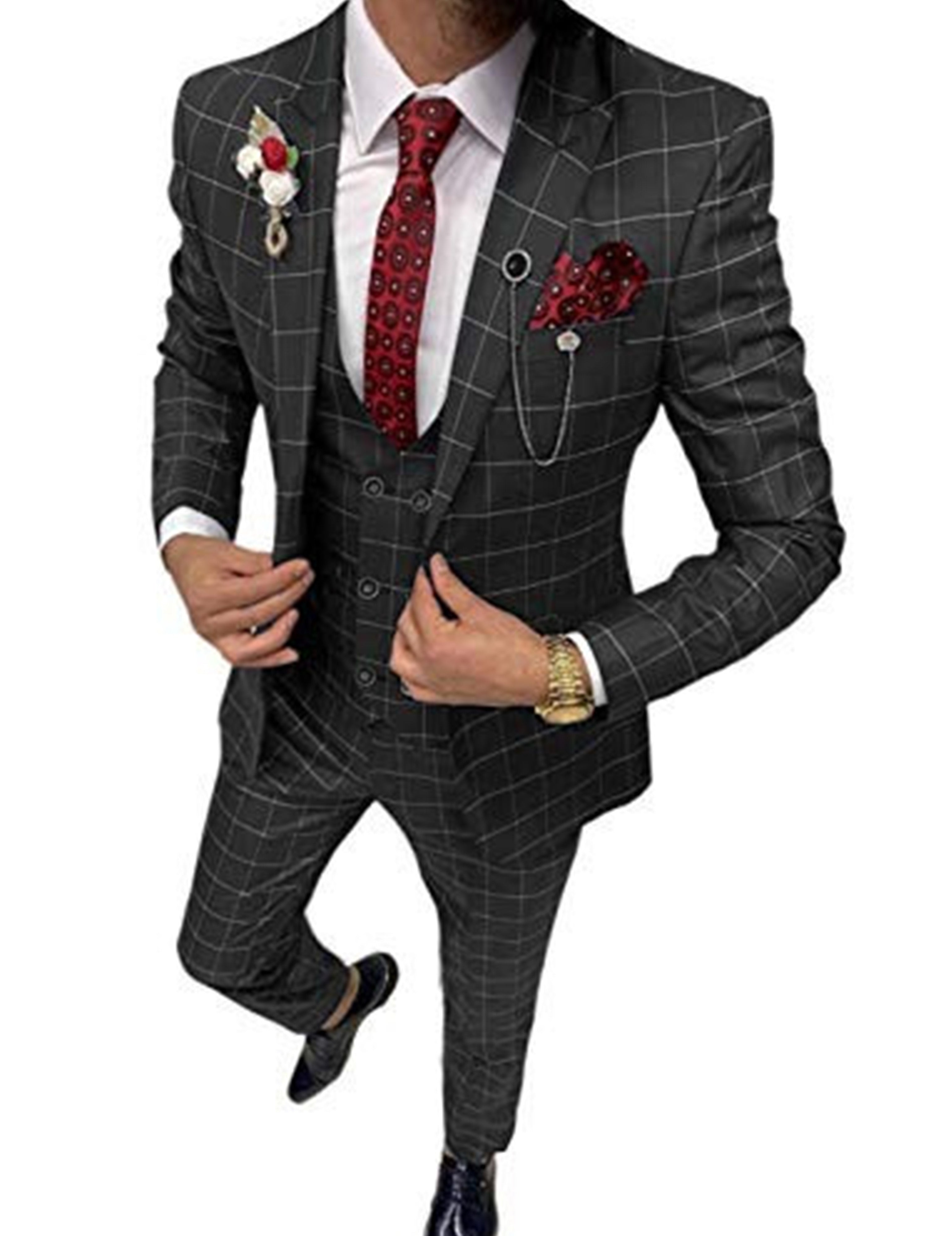 3 Piece Black Men's Suits Checked Suit for Weddings and Business