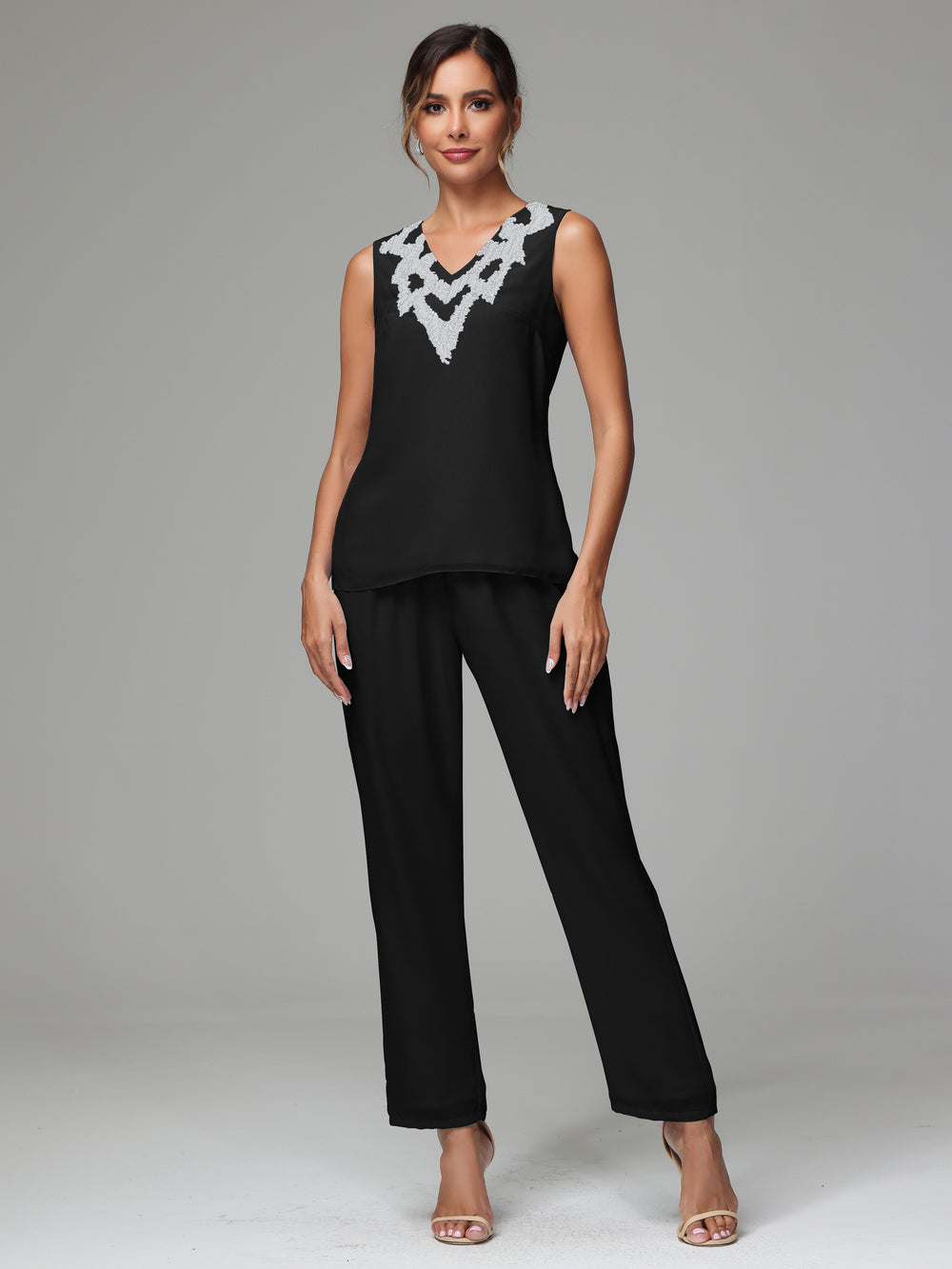 3 Pieces Long Sleeves Chiffon Mother of The Bride Dress Black Pants Su