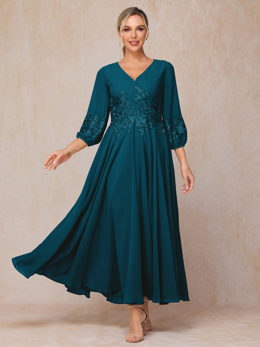 Mother Of The Bride Flamingo Dress A-Line Lace Sleeves V-Neck Long Chiffon Mother Of The Bride Dress