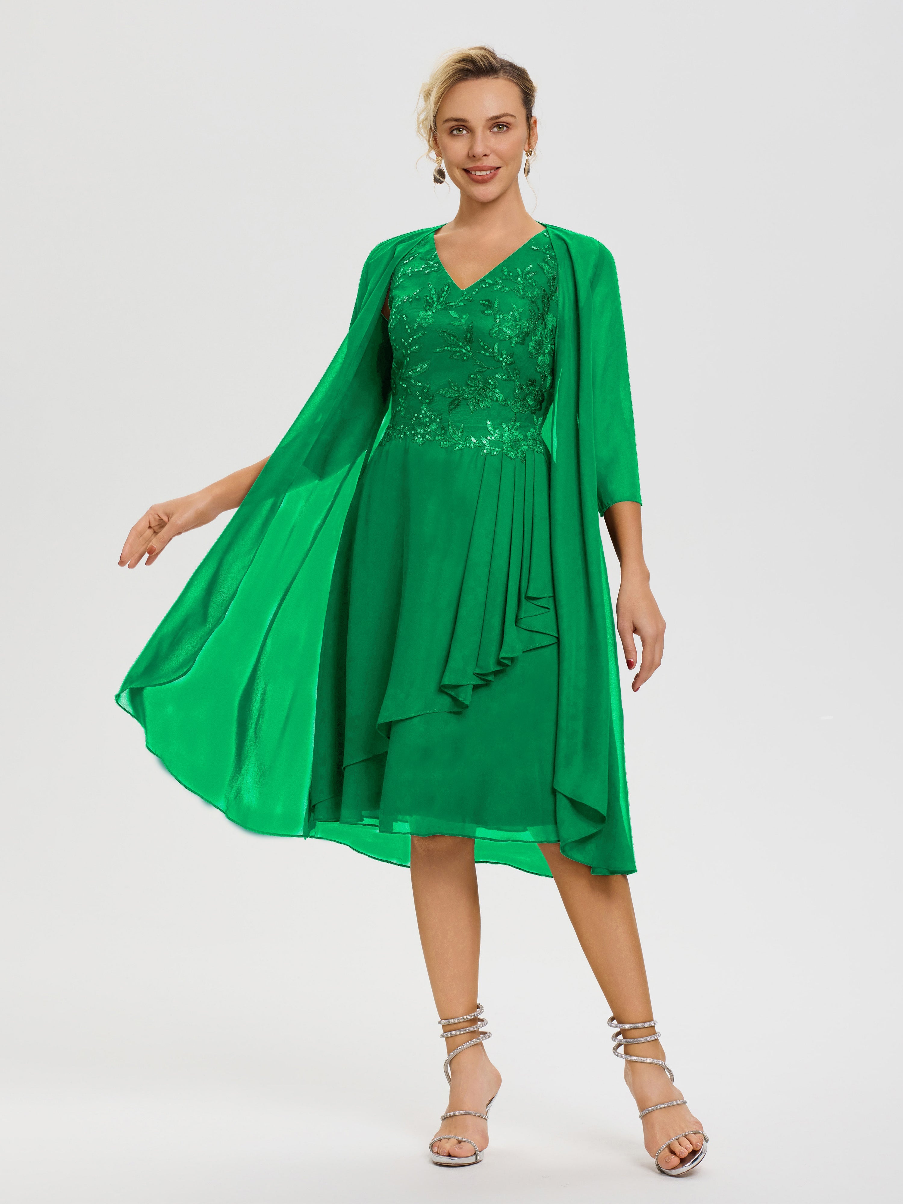 Emerald Green Mother Of The Bride Dresses 2 Pieces A Line V Neck Appli