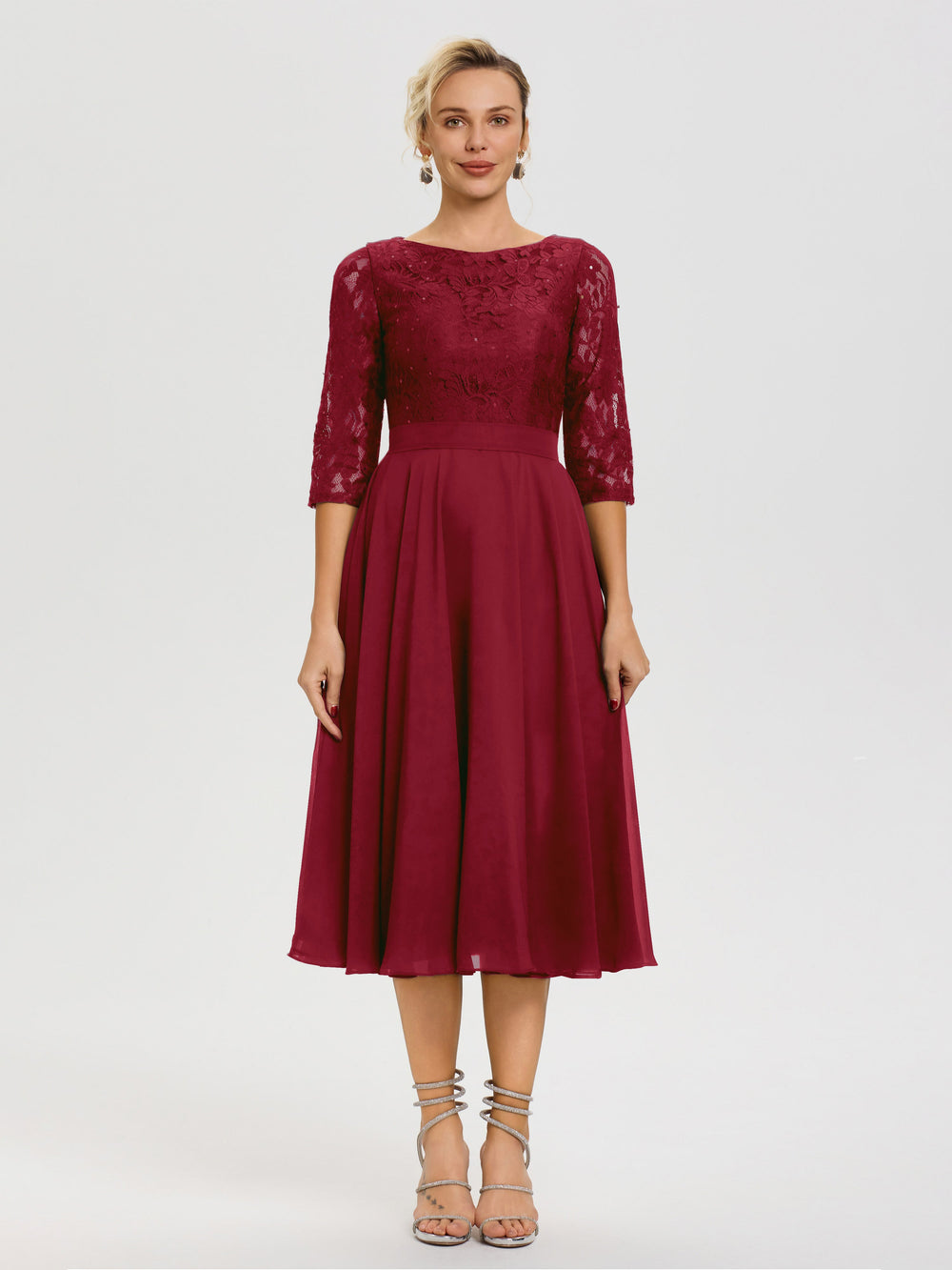 Burgundy Mother Of The Bride Dress A Line Lace Top Tea Length Chiffon