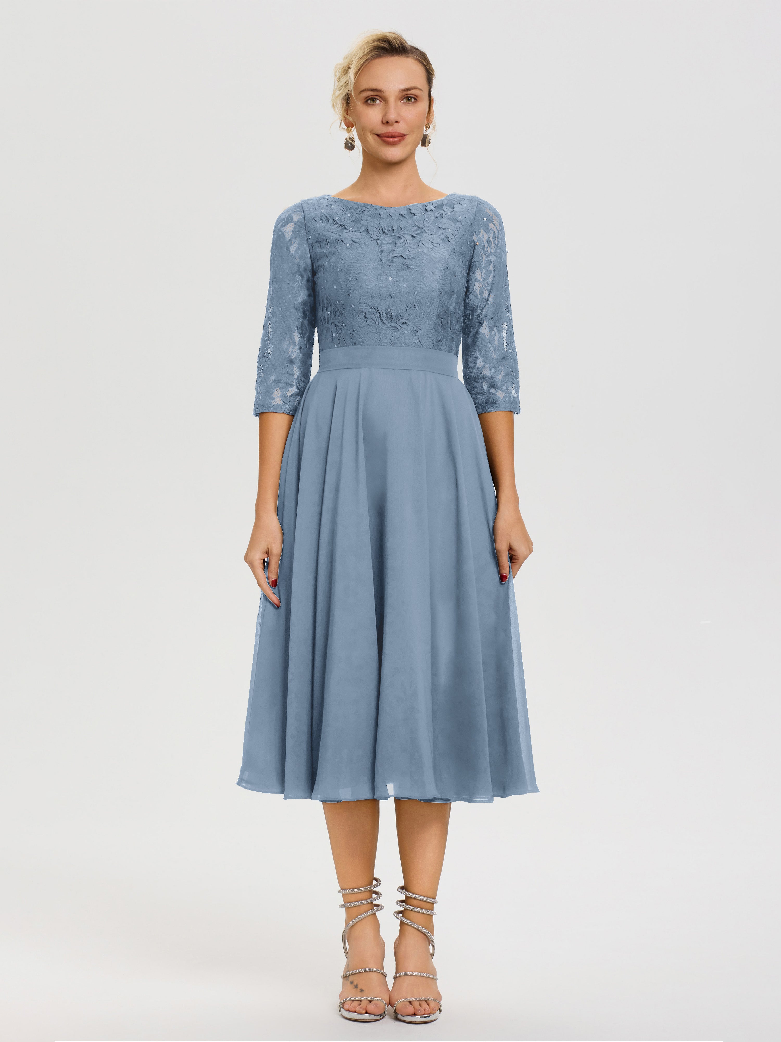 Slate Blue Dress Mother Of The Bride A Line Lace Top Tea Length Chiffo