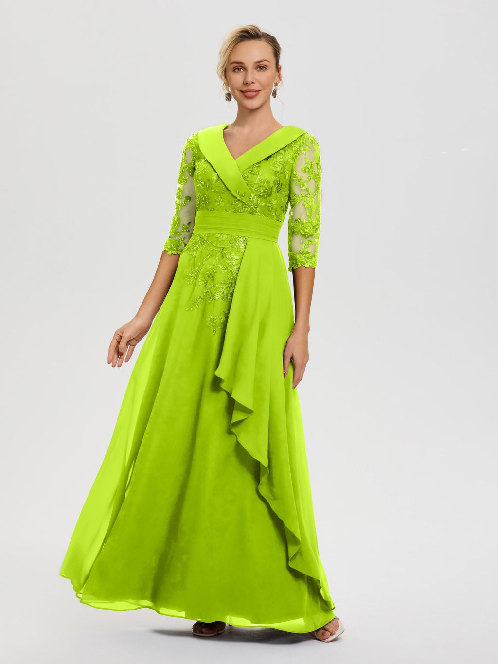 Lime Green Mother Of The Bride A Line V Neck 3/4 Illusion Sleeves Appl Lime Green Mother Of The Bride A Line V Neck 3/4 Illusion Sleeves Appl