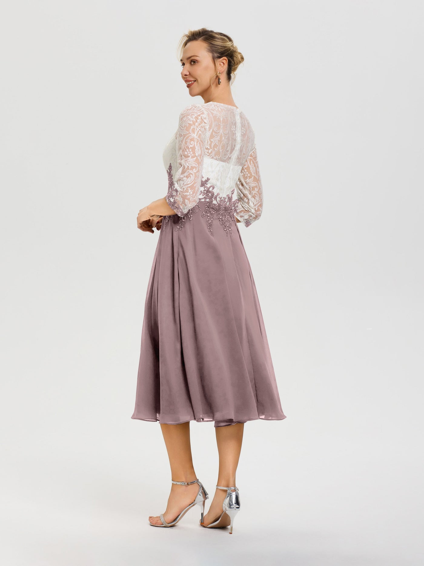 Vintage Mother Of Bride Dresses A-Line Lace Appliques 3/4 Sleeves Tea-